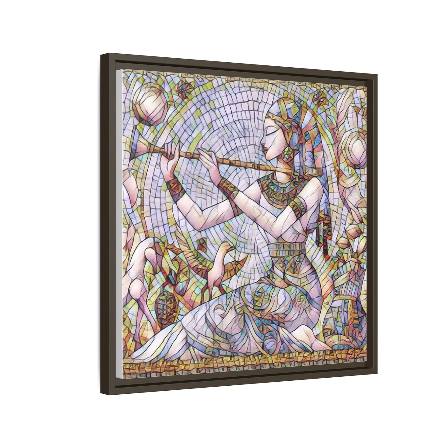 Egyptian Flute Player Framed Canvas Art — Colorful Mosaic Wall Decor