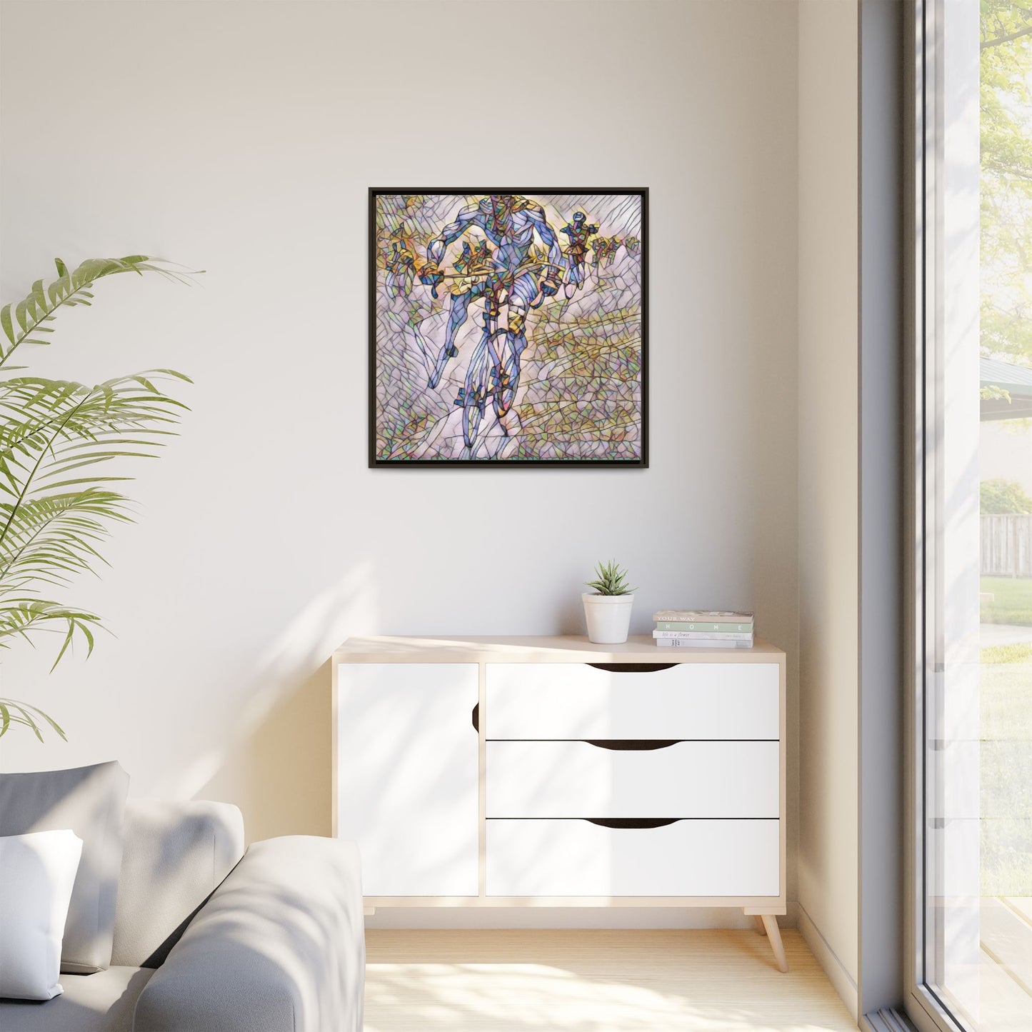 Abstract Cyclist Matte Canvas Framed Art — Colorful Stained-Glass Bike Print