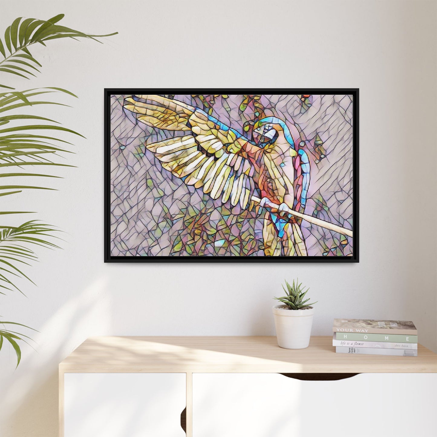 Framed Parrot Stained-Glass Art Print — Matte Canvas Wall Decor