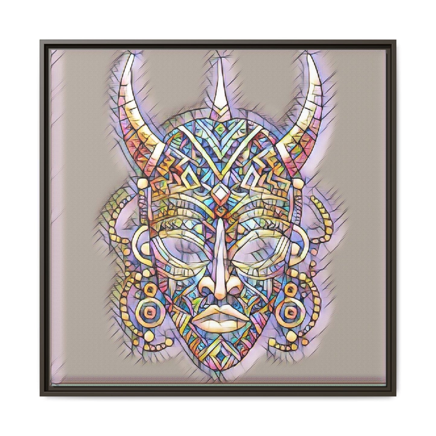 Colorful Tribal Mask Framed Canvas Art — Abstract Ethnic Wall Decor