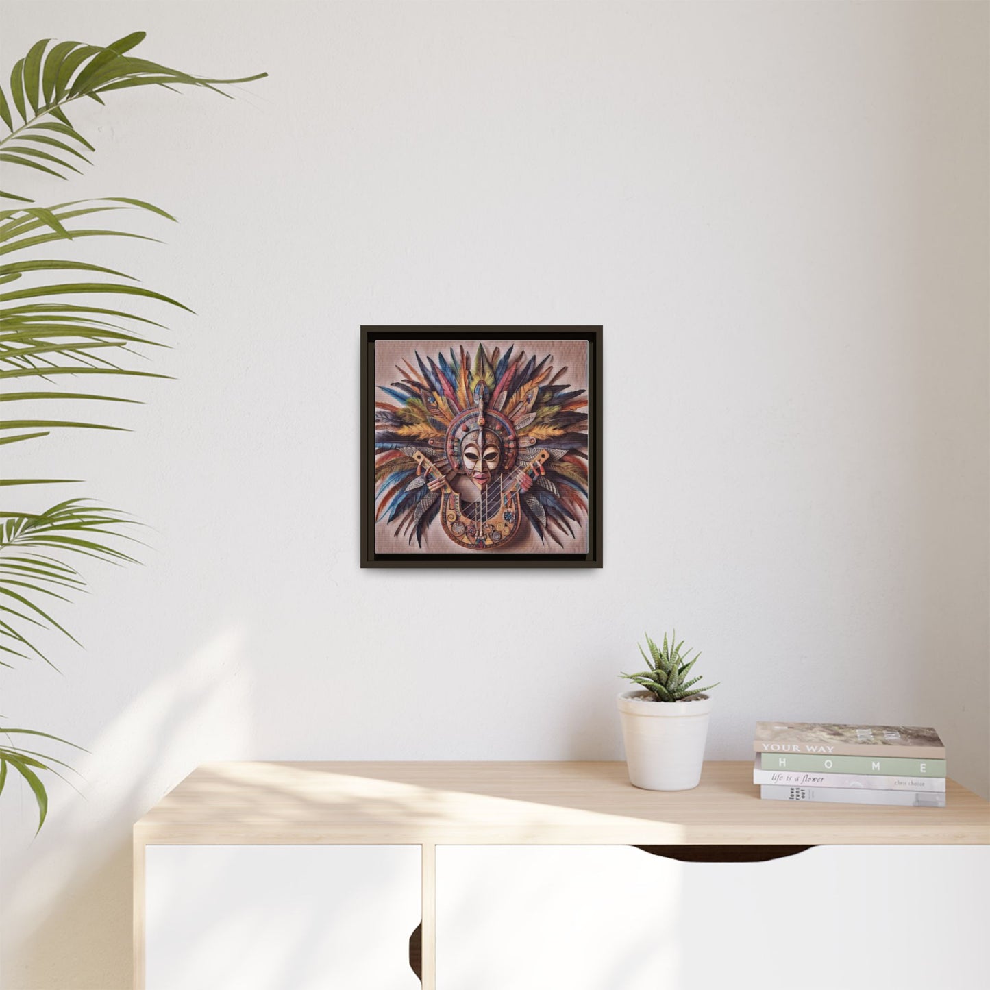 Tribal Feather Mask Guitar Framed Canvas Art — Colorful Boho Wall Decor