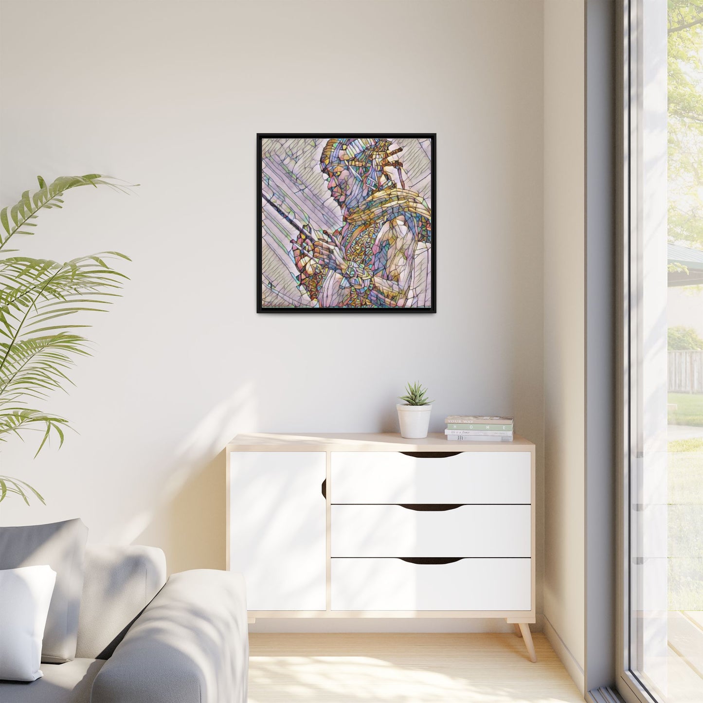 Framed Canvas Art - Colorful Tribal Warrior Portrait (Matte)