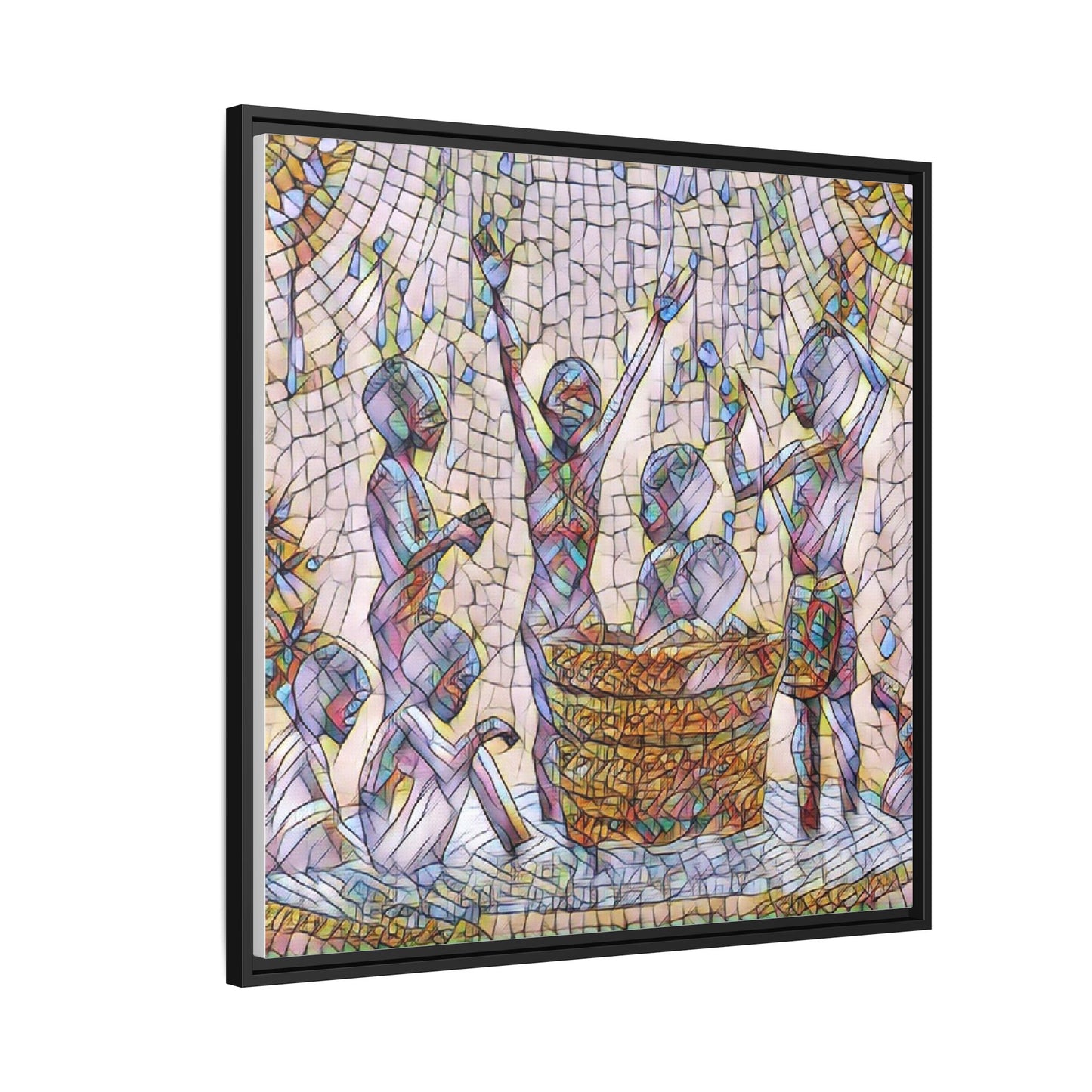 Framed Matte Canvas Art — Children Playing Mosaic Illustration