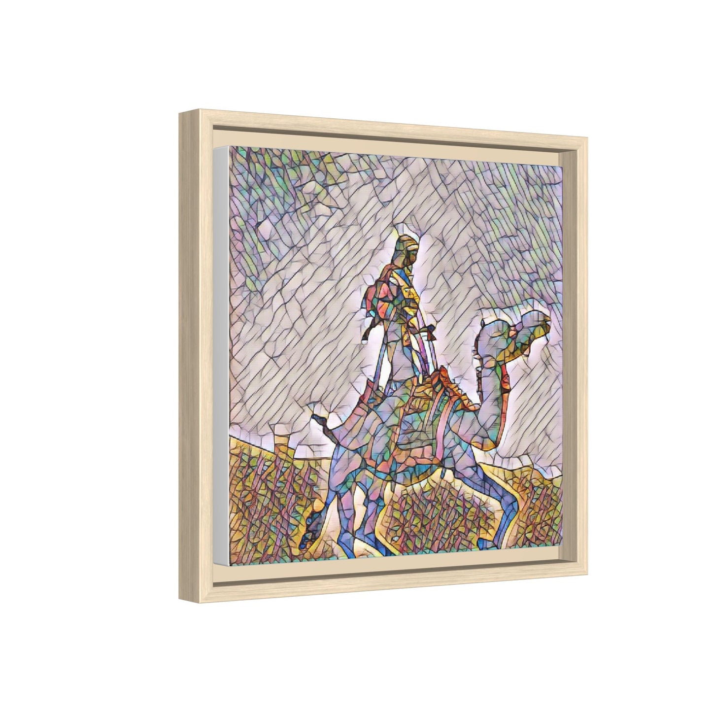 Framed Camel Rider Matte Canvas Art — Colorful Mosaic Desert Wall Decor