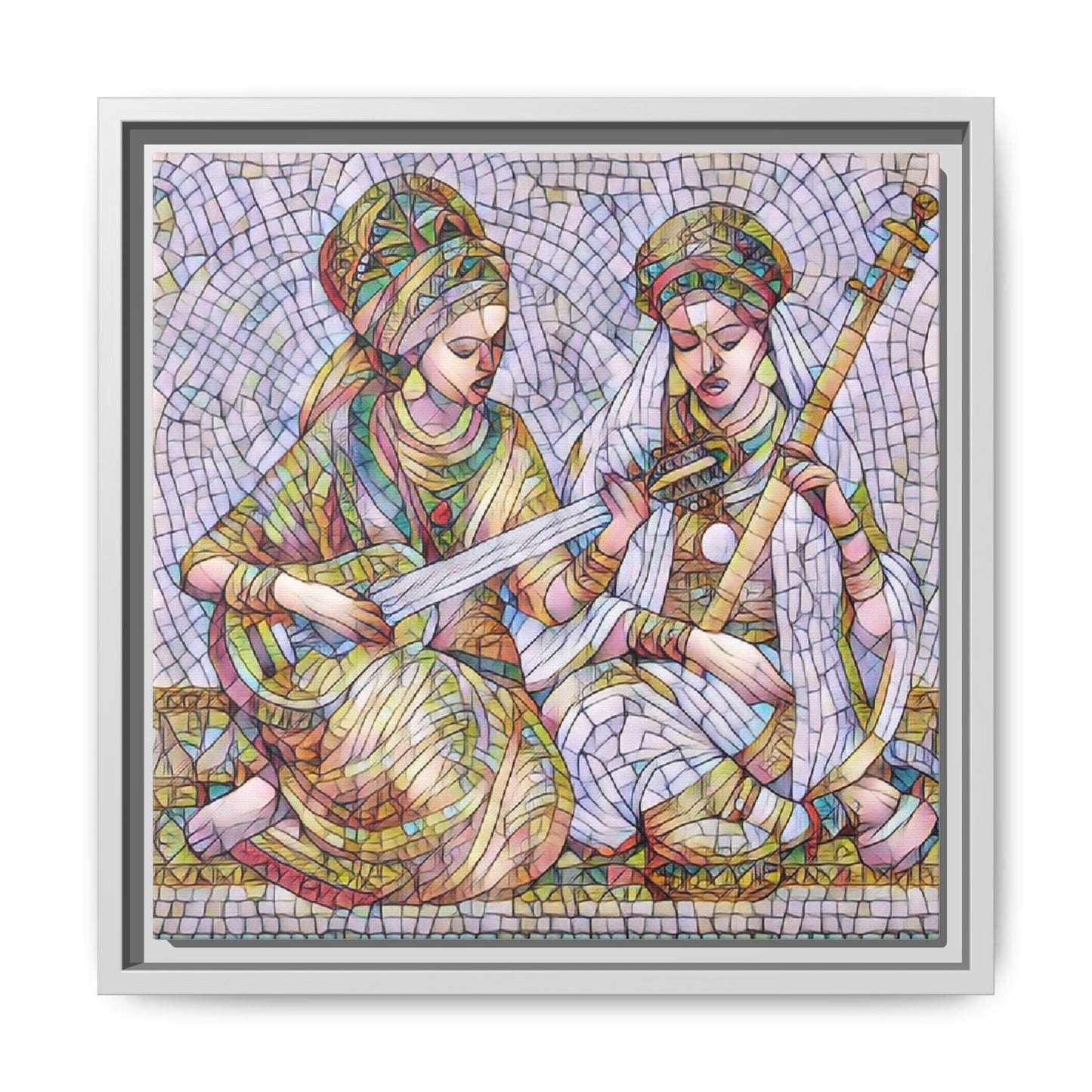 Framed Mosaic Art Print — Two Women Playing Lutes (Matte Canvas)
