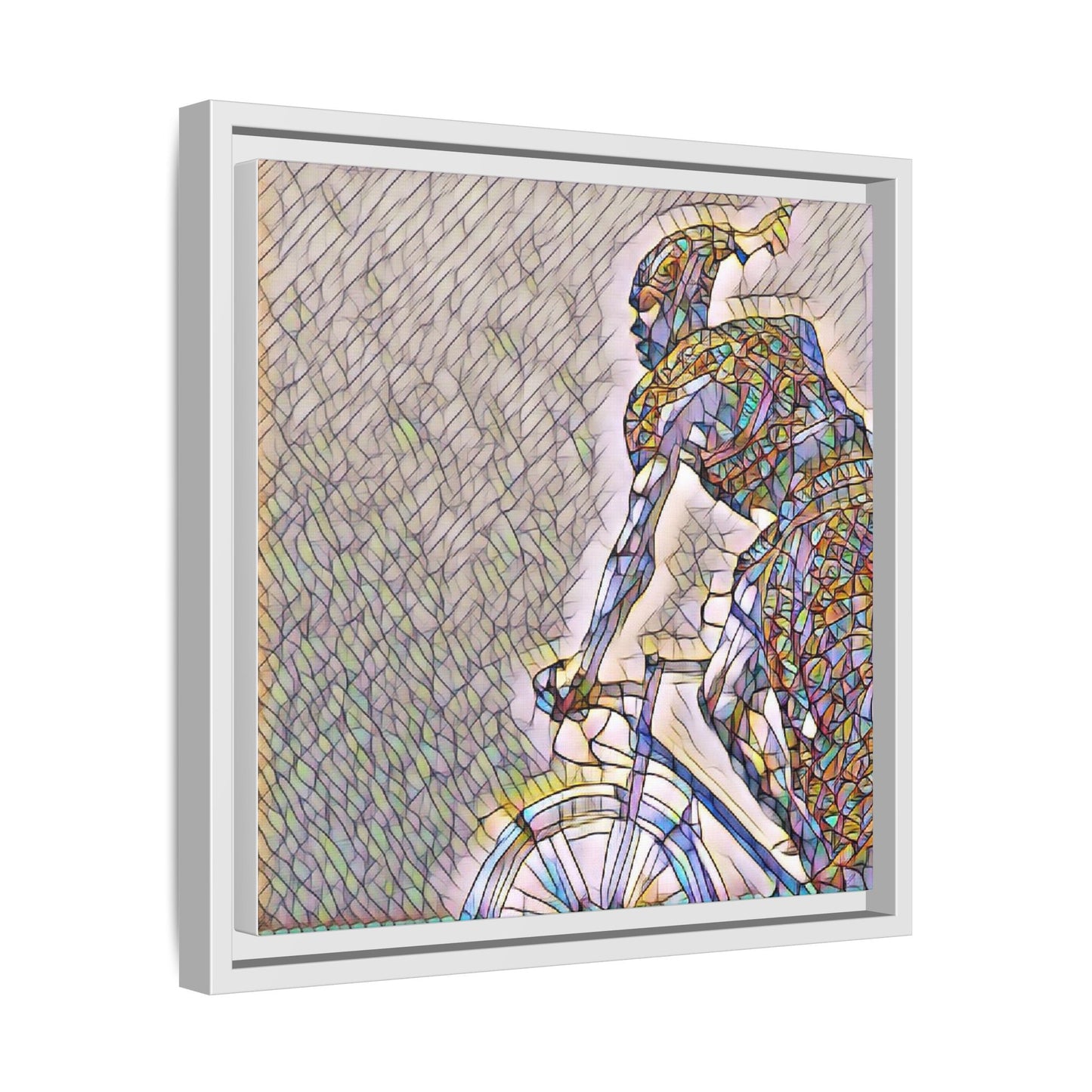 Cyclist Mosaic Matte Canvas Print — Framed Multicolor Bike Art