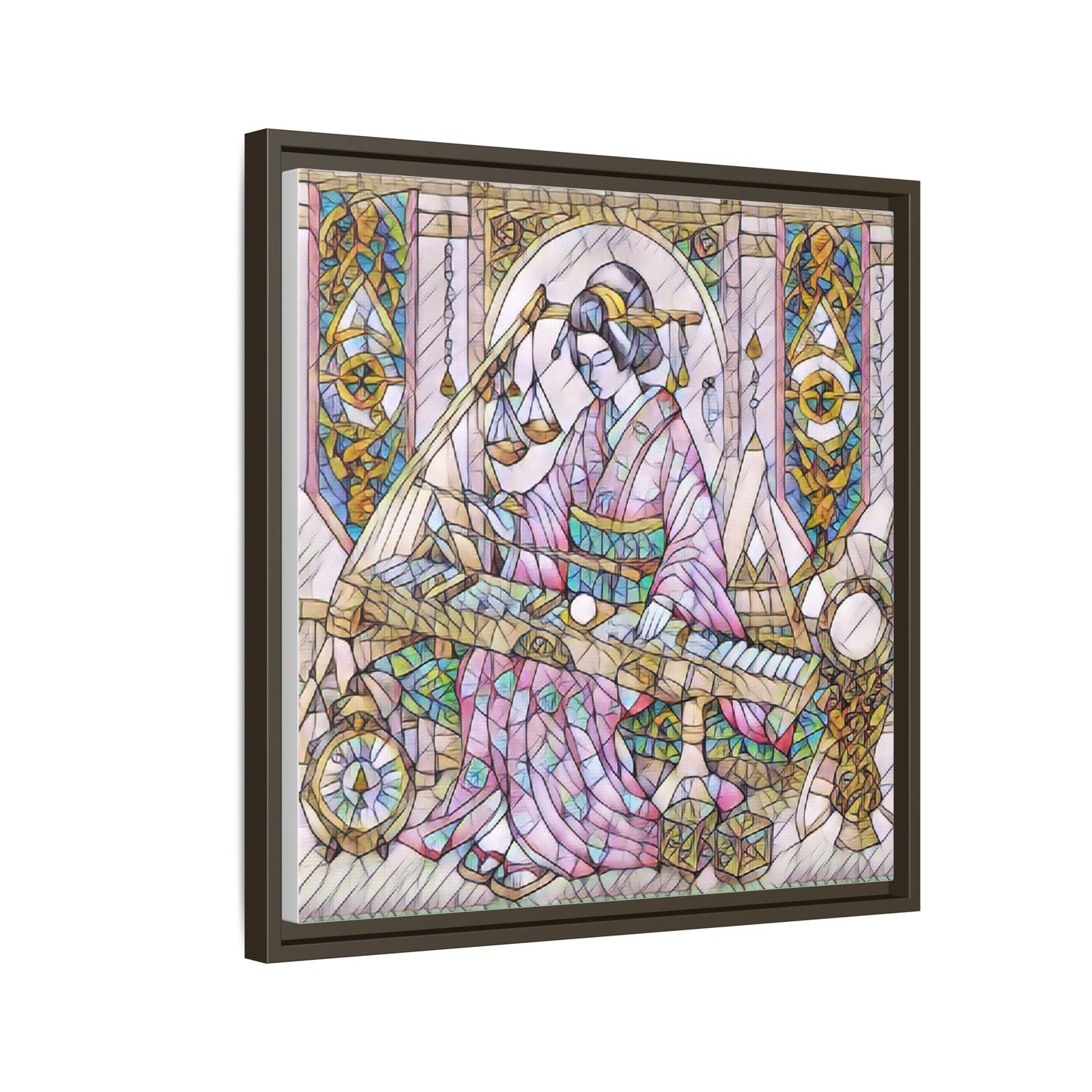 Framed Matte Canvas — Geisha Harp Stained-Glass Art Print