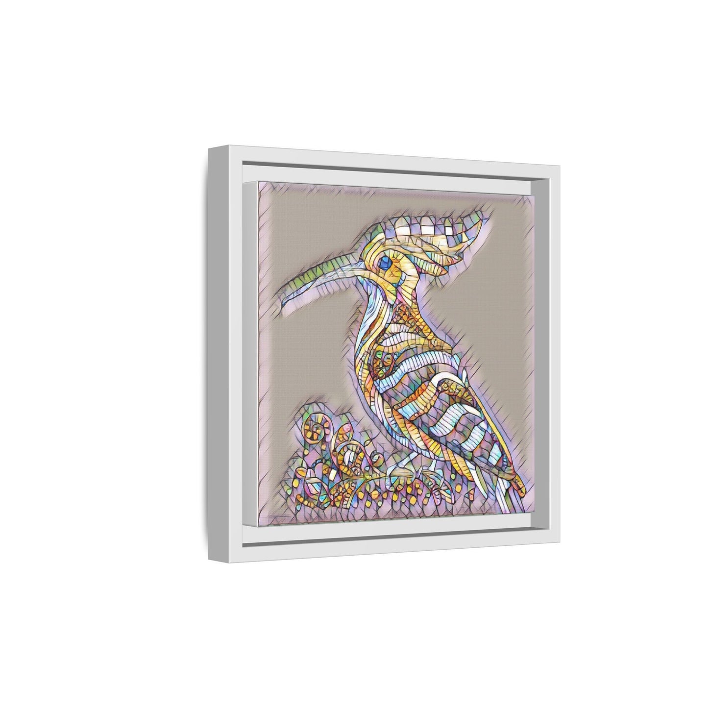 Colorful Mosaic Bird Framed Canvas Art — Whimsical Hoopoe Wall Decor