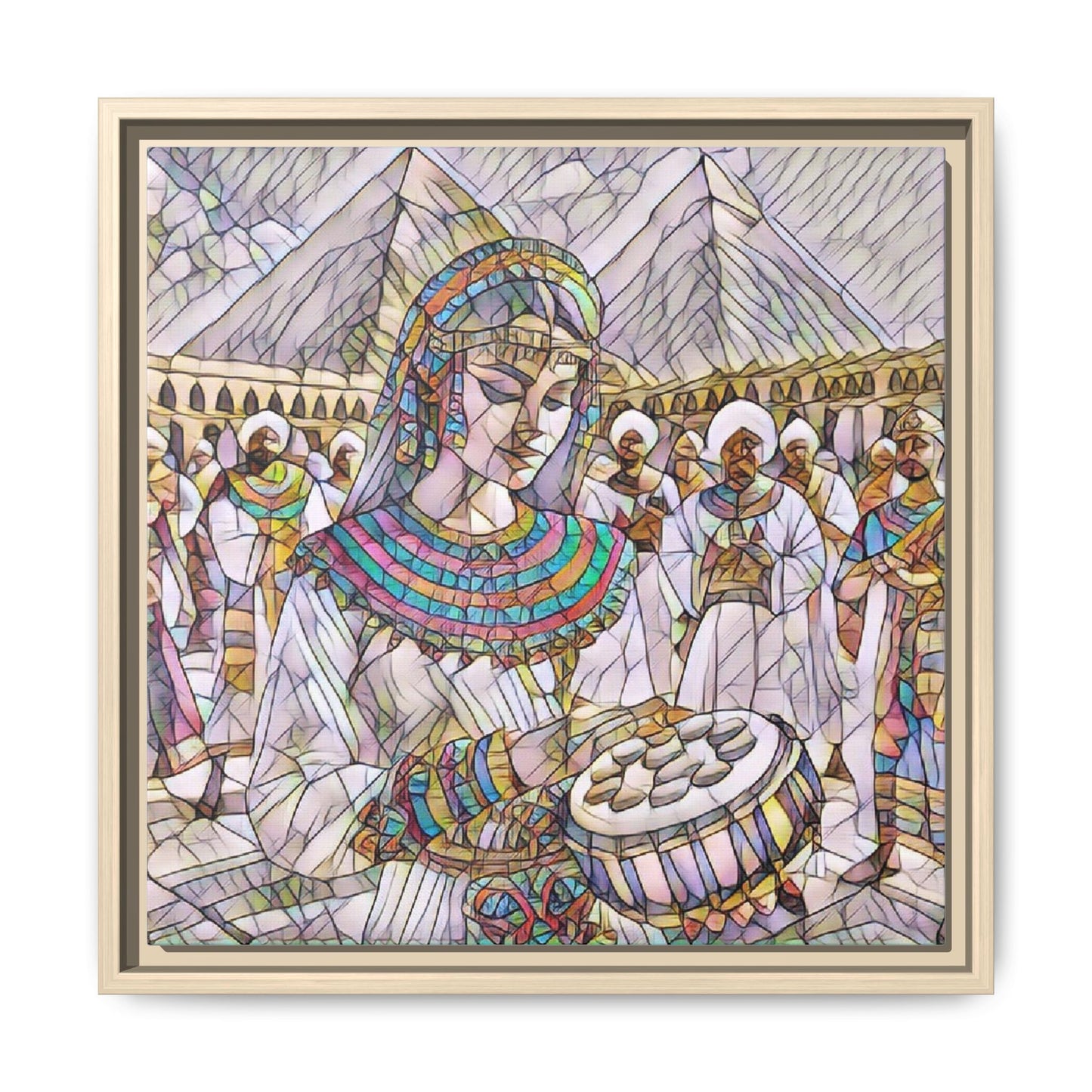 Egyptian Drum Player Framed Canvas Art — Colorful Ancient Scene Wall Decor