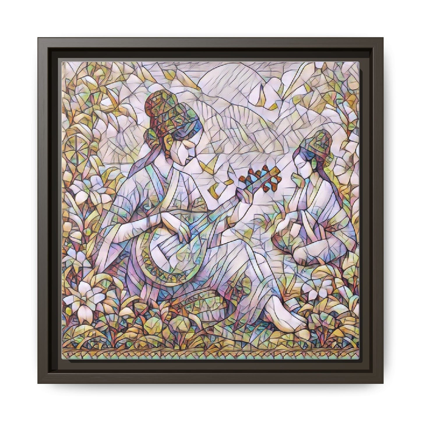 Framed Matte Canvas Art - Vintage Asian Musicians Floral Illustration