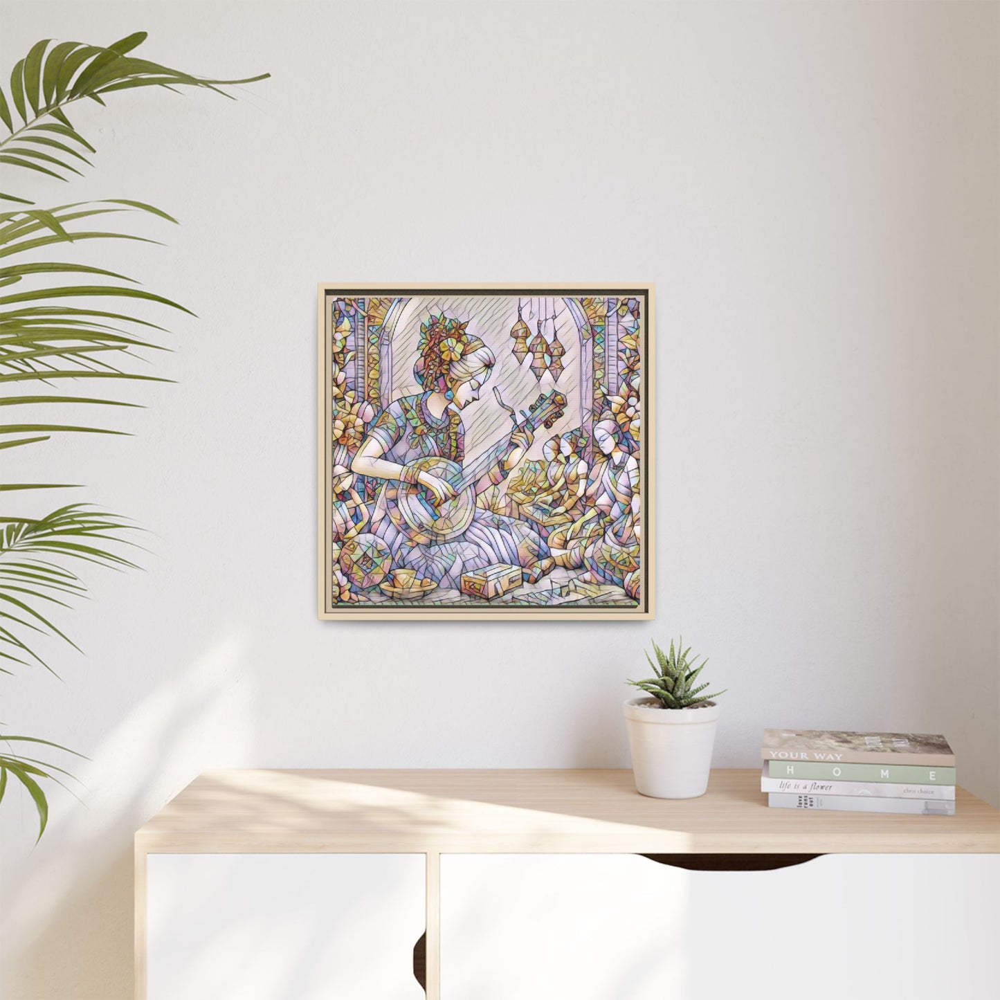 Framed Matte Canvas: Bohemian Woman Playing Lute — Stained-Glass Style Wall Art
