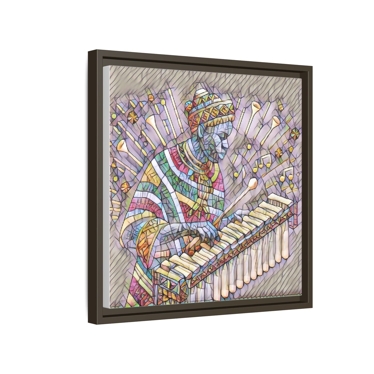 Colorful Marimba Musician Matte Framed Canvas — Vibrant African Instrument Wall Art