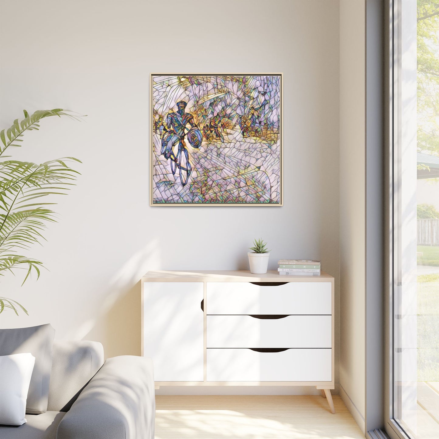Cyclist Mosaic Matte Canvas Framed Wall Art — Colorful Biking Scene