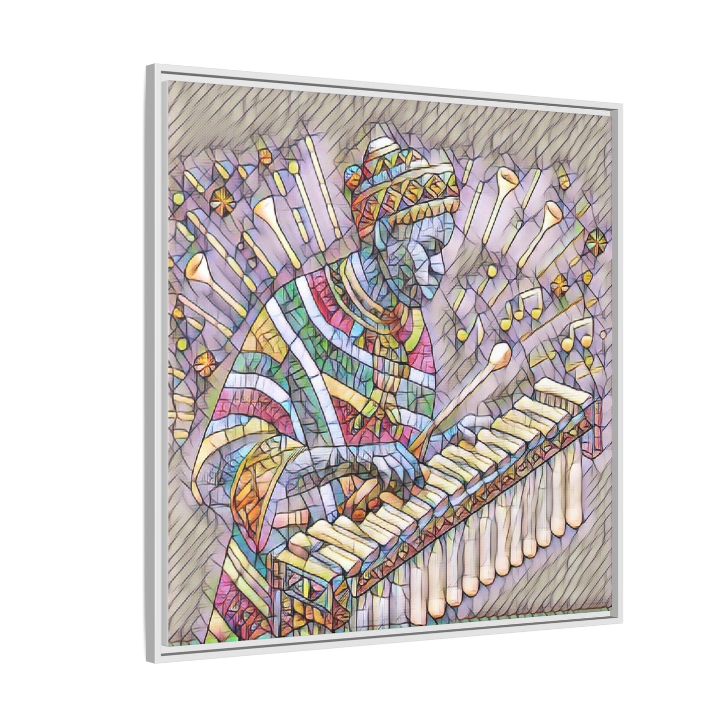 Colorful Marimba Musician Matte Framed Canvas — Vibrant African Instrument Wall Art