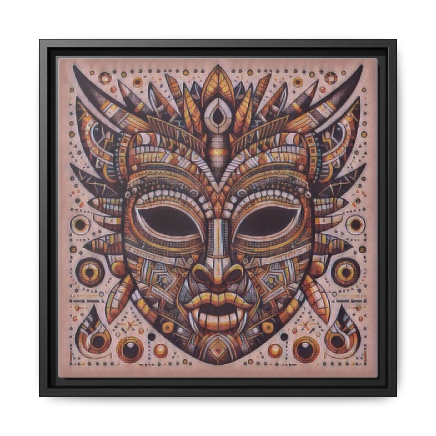 Tribal Mask Framed Canvas Art — Multicolor Matte Wall Decor