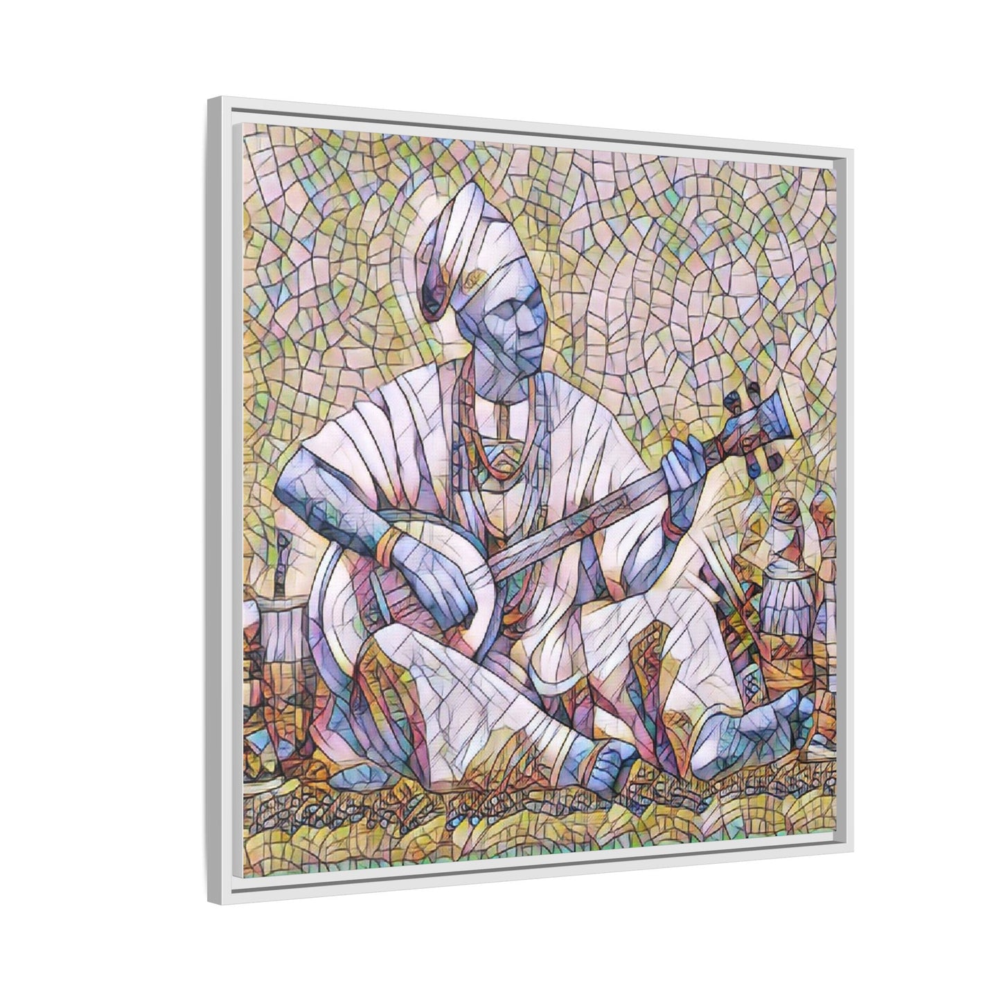 Framed Mosaic Musician Canvas Art — African Griot with Kora