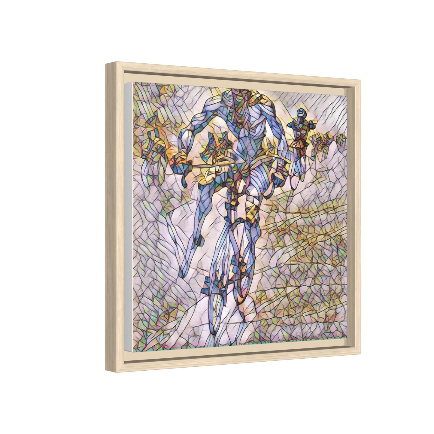 Abstract Cyclist Matte Canvas Framed Art — Colorful Stained-Glass Bike Print