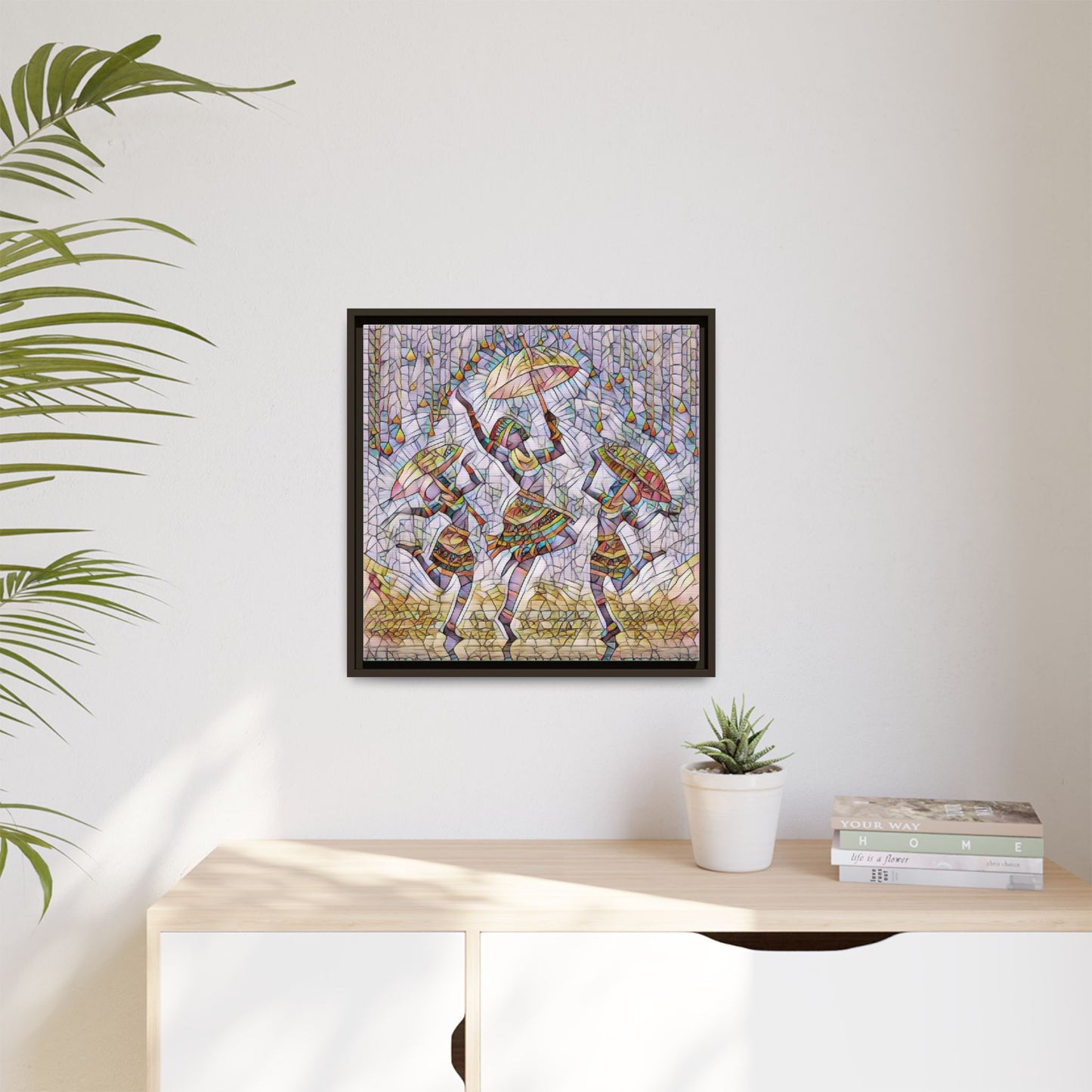 Colorful African Dance Framed Canvas Art — Umbrella Dancers Wall Decor