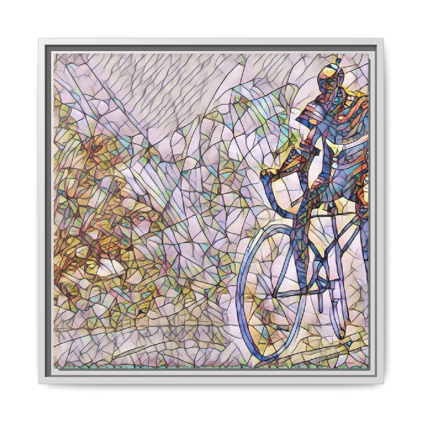 Colorful Cyclist Stained-Glass Art — Framed Matte Canvas
