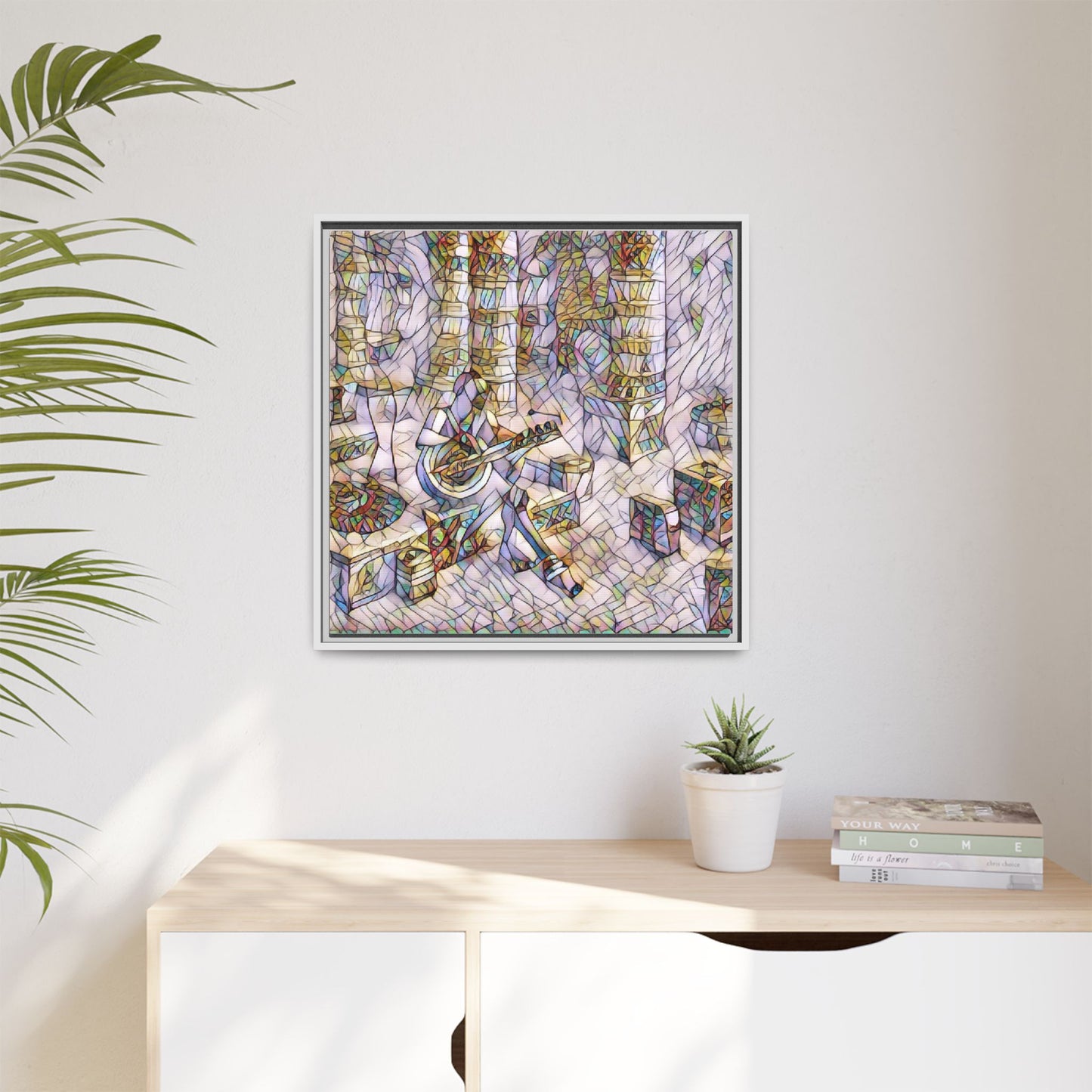 Framed Matte Canvas Art - Abstract Guitarist in Colorful Mosaic