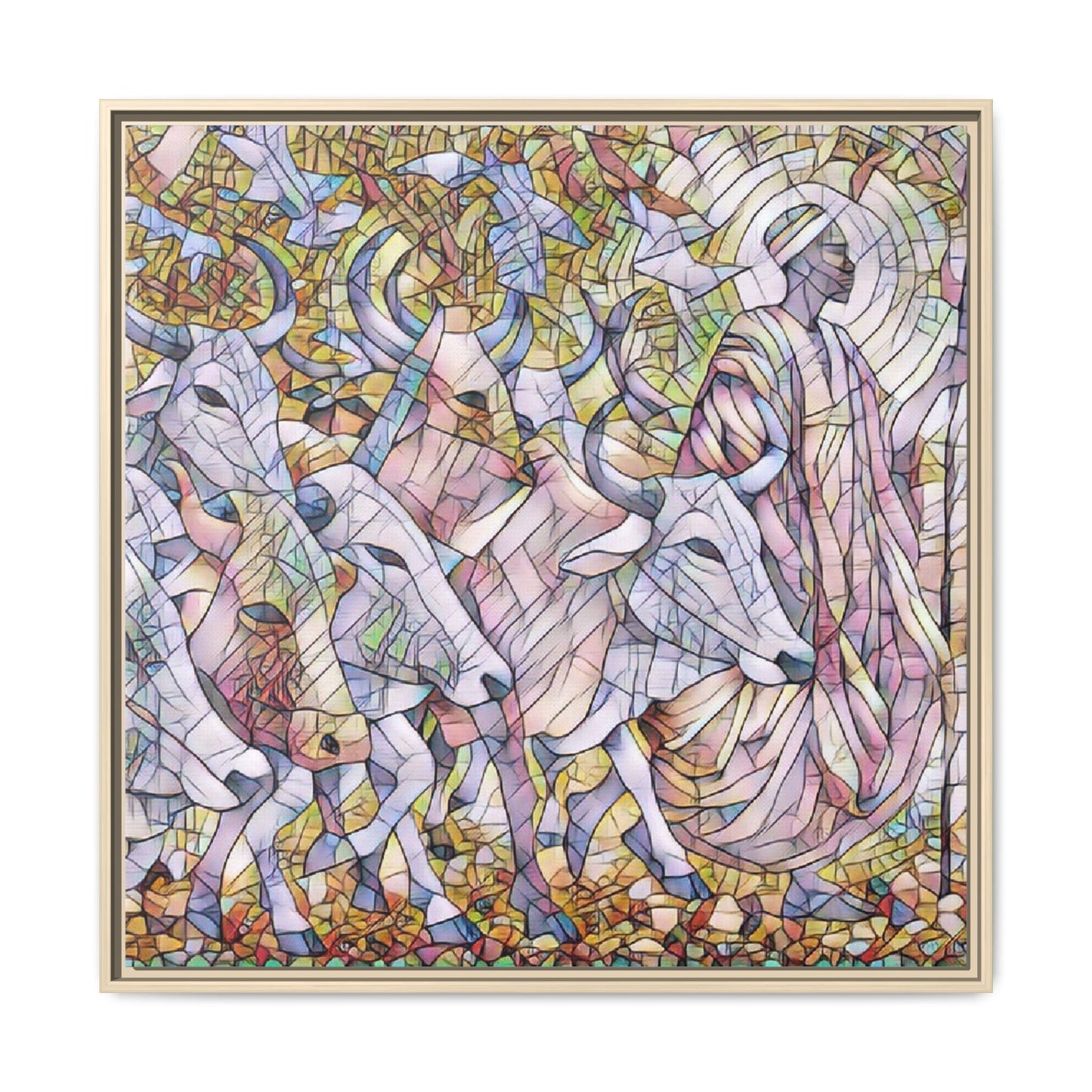 Framed Matte Canvas Art — Stained-Glass Style Cattle Herd