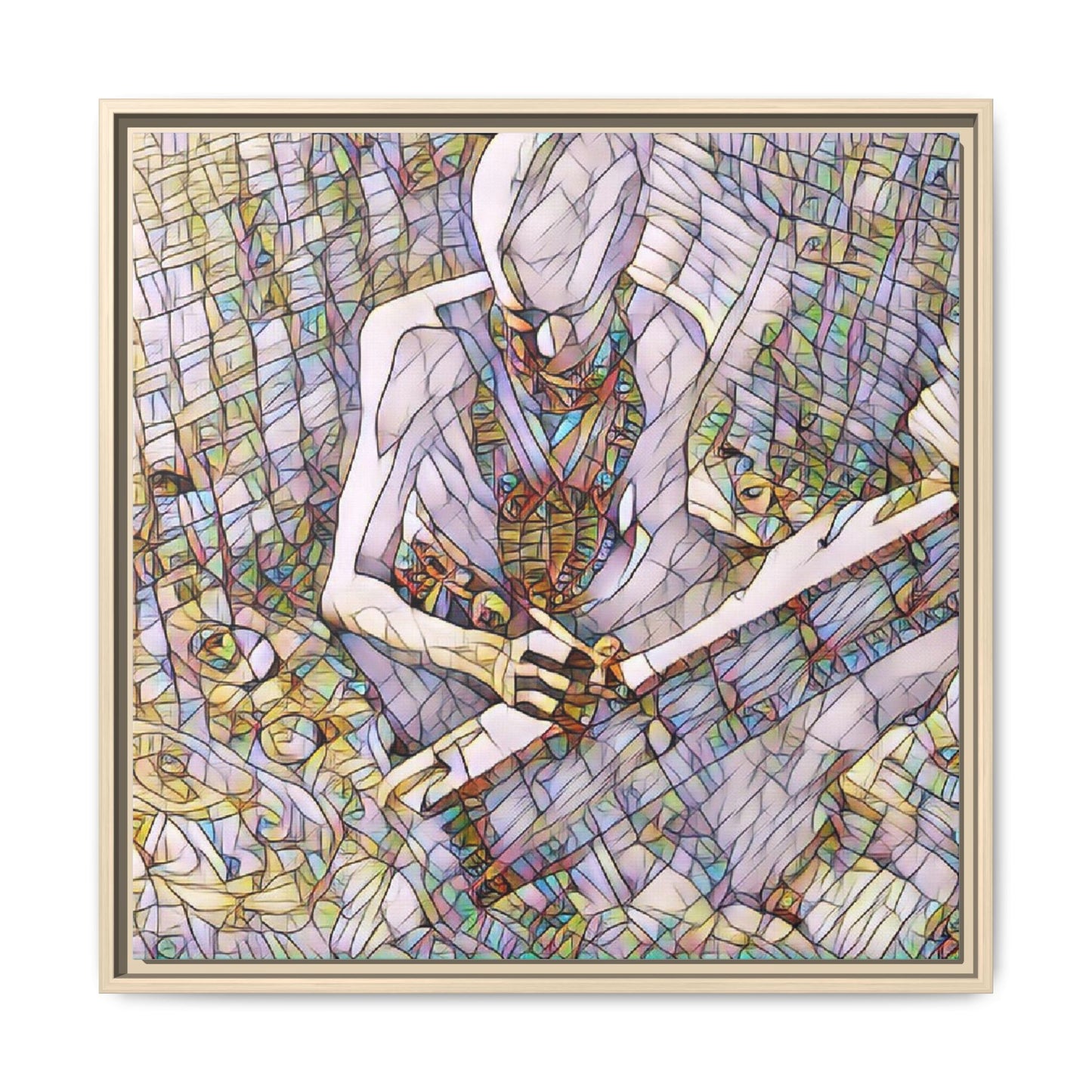 Abstract Fantasy Warrior Matte Framed Canvas — Colorful Stained-Glass Style Art