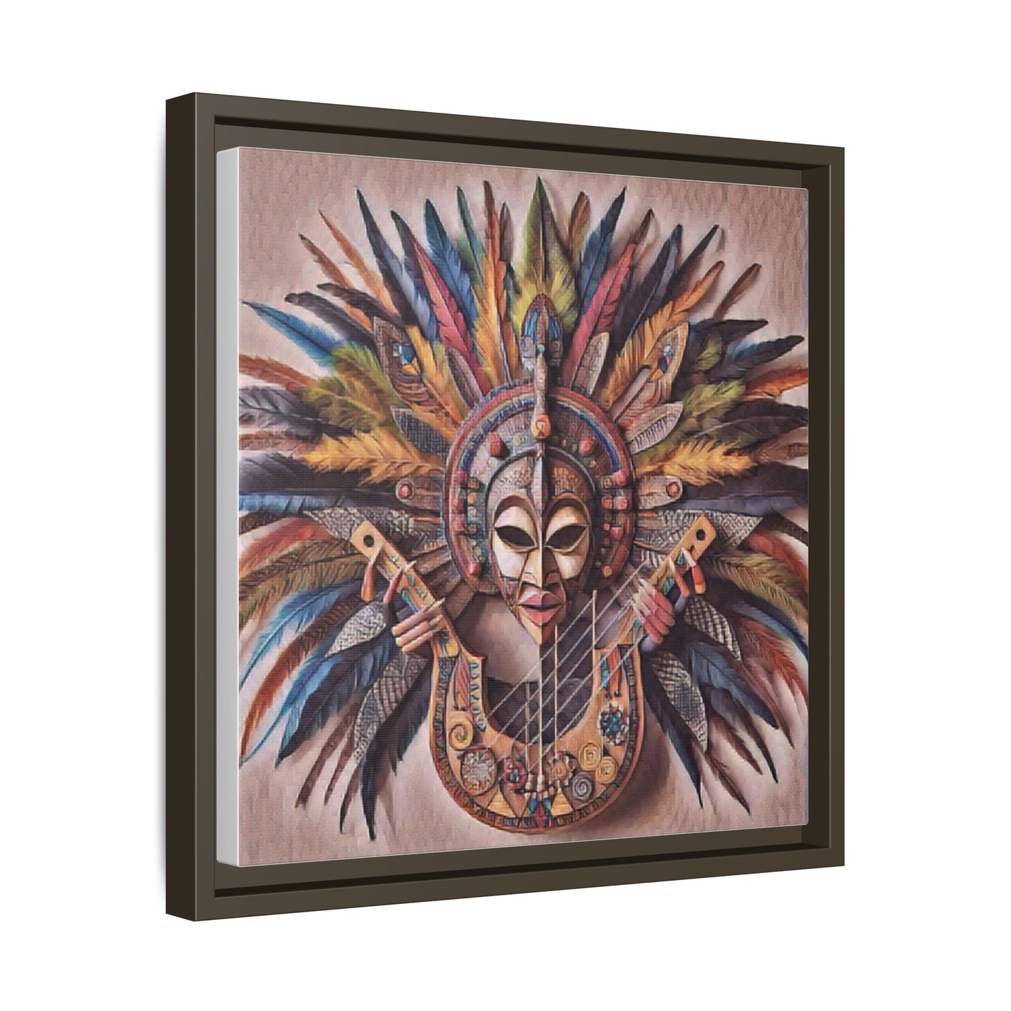 Tribal Feather Mask Guitar Framed Canvas Art — Colorful Boho Wall Decor