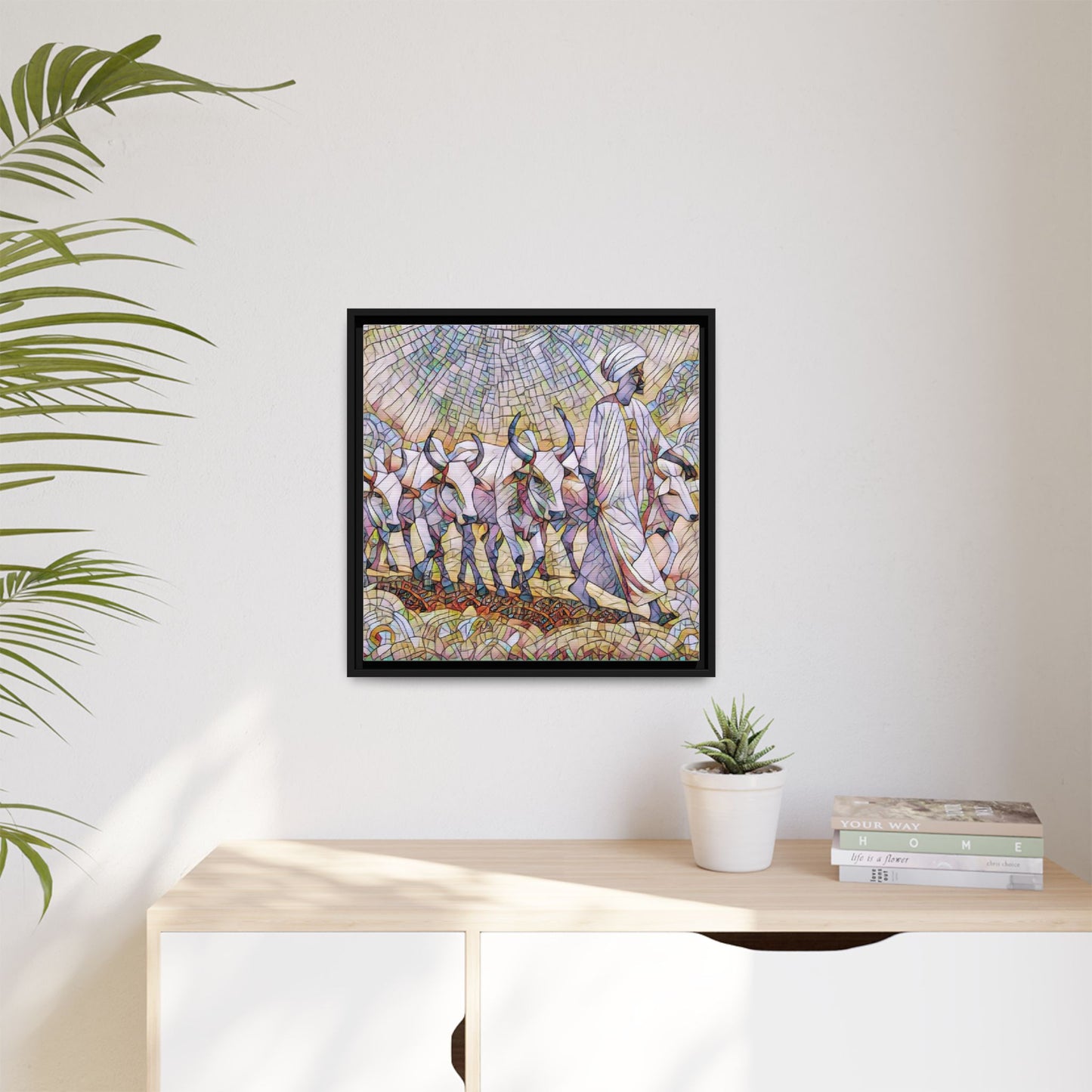 Framed Matte Canvas Art — African Herdsman Mosaic Print