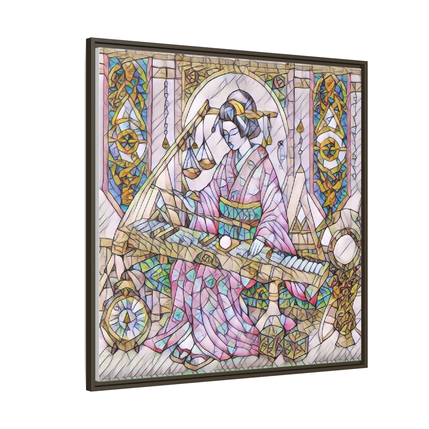 Framed Matte Canvas — Geisha Harp Stained-Glass Art Print