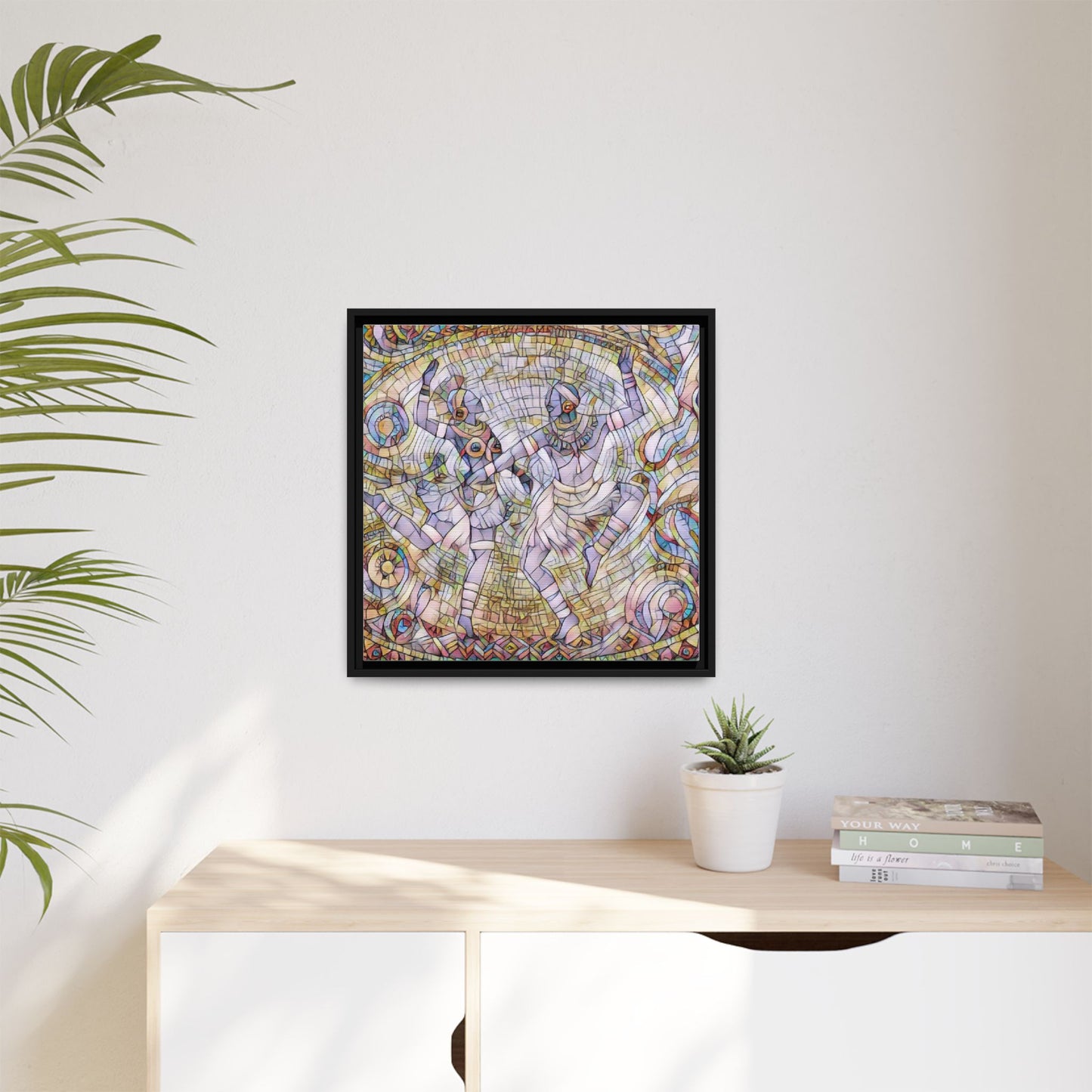 Abstract Dancers Matte Framed Canvas Wall Art — Multi‑Color Stained Glass Style