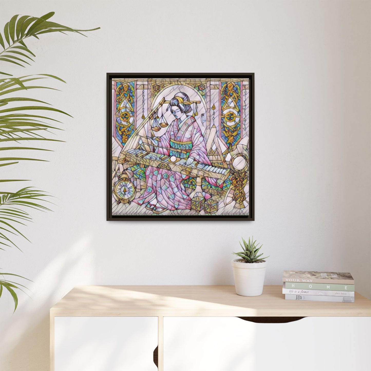 Framed Matte Canvas — Geisha Harp Stained-Glass Art Print