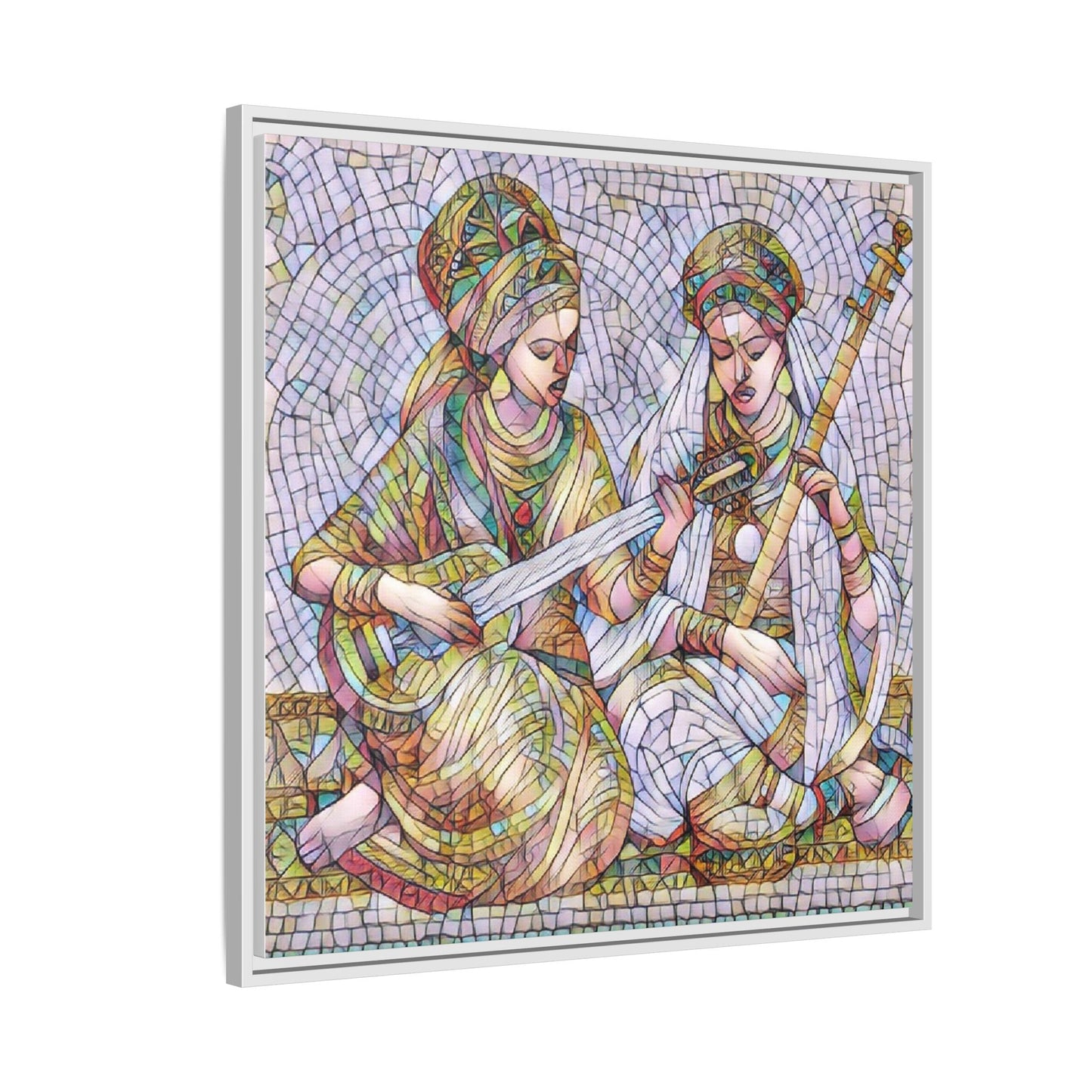 Framed Mosaic Art Print — Two Women Playing Lutes (Matte Canvas)
