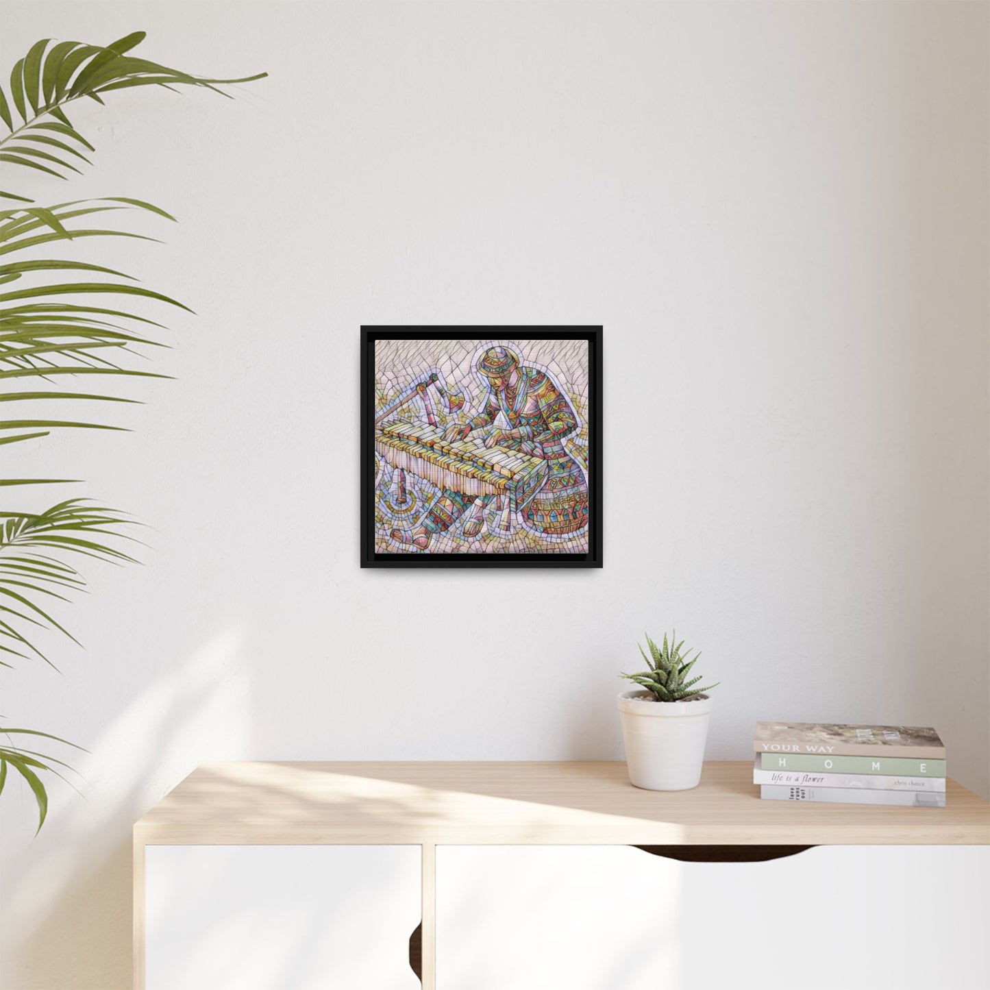 Framed Canvas Art - Colorful Mosaic Vibraphone Musician Print