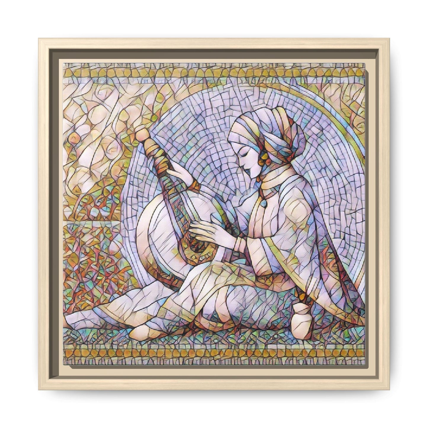 Framed Matte Canvas: Mosaic Lute Player Wall Art — Bohemian Musical Portrait
