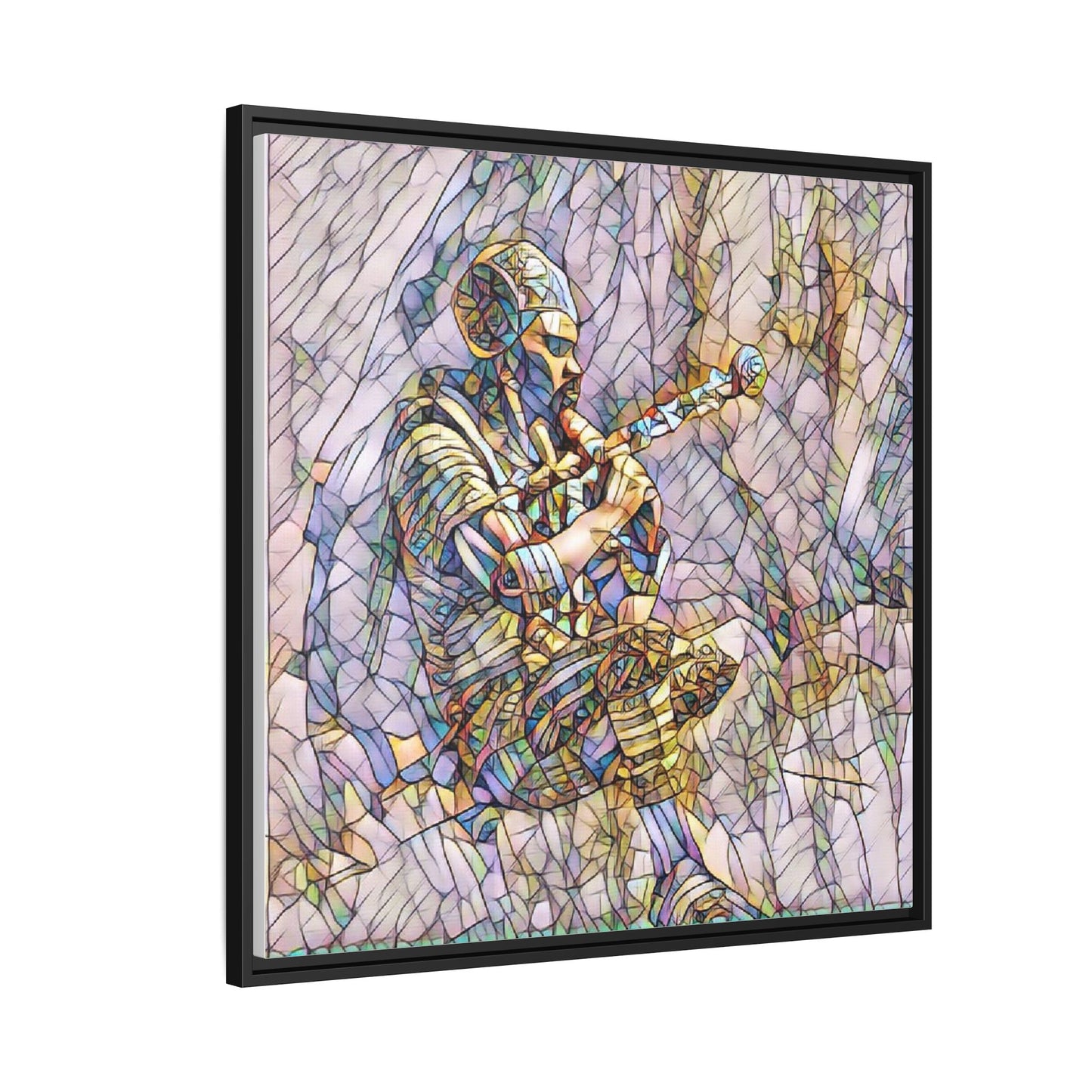 Celtic Piper Framed Matte Canvas — Stained-Glass Style Highland Bagpiper Art