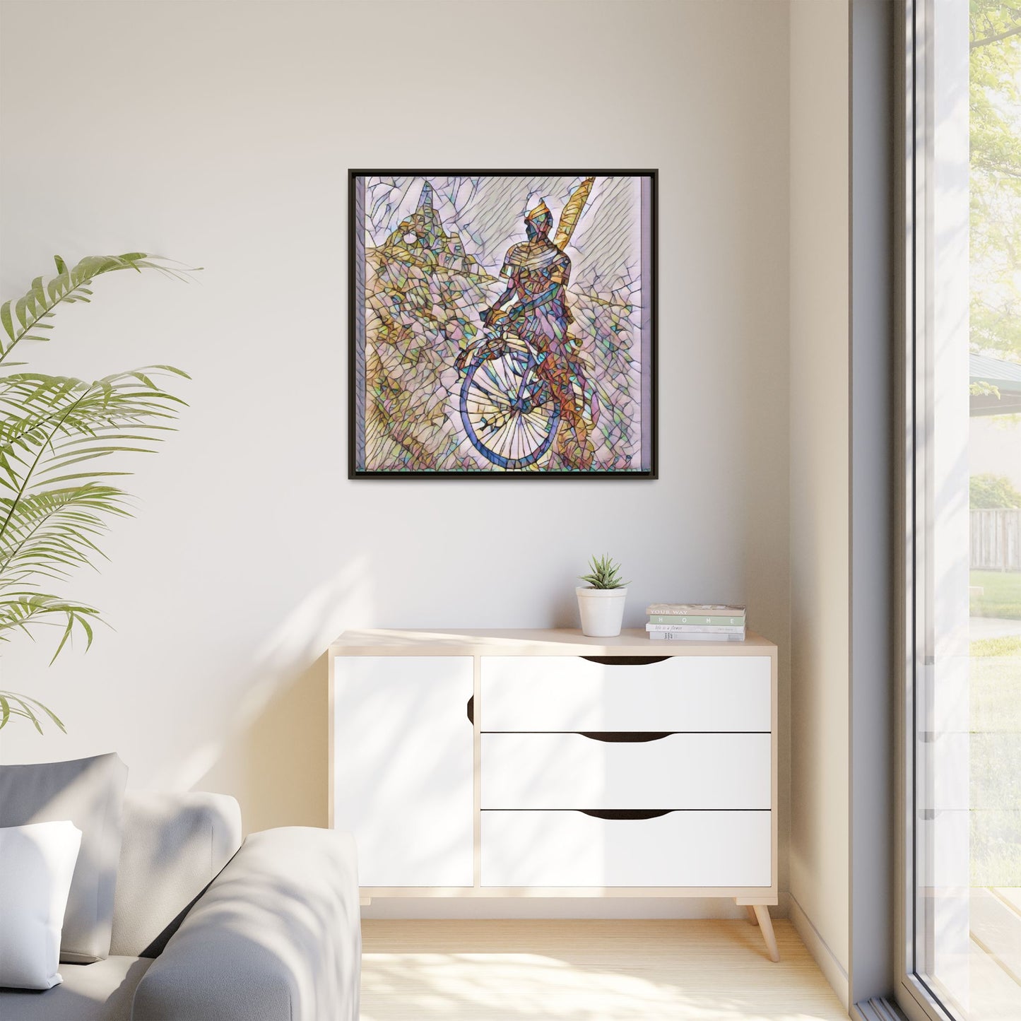 Cyclist Stained Glass Art Print — Framed Matte Canvas