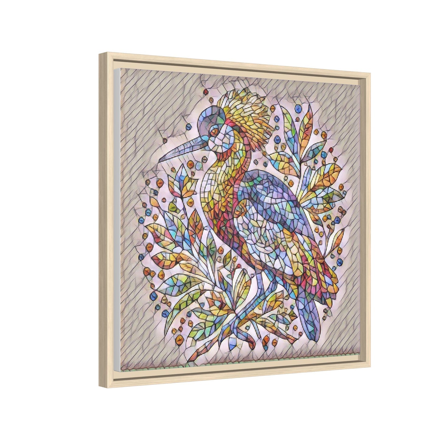 Colorful Stained-Glass Heron — Framed Matte Canvas Wall Art