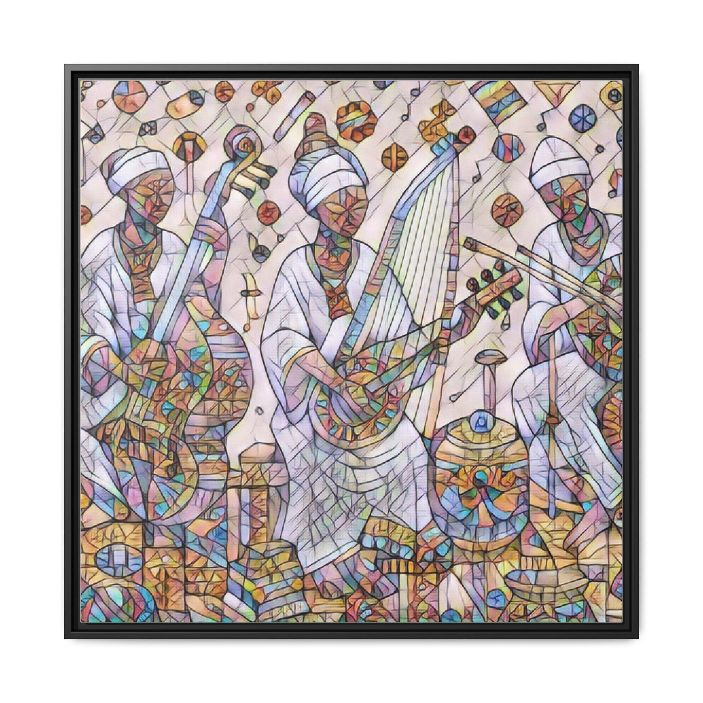 Framed Matte Canvas Print — Colorful African Musicians Stained-Glass Art