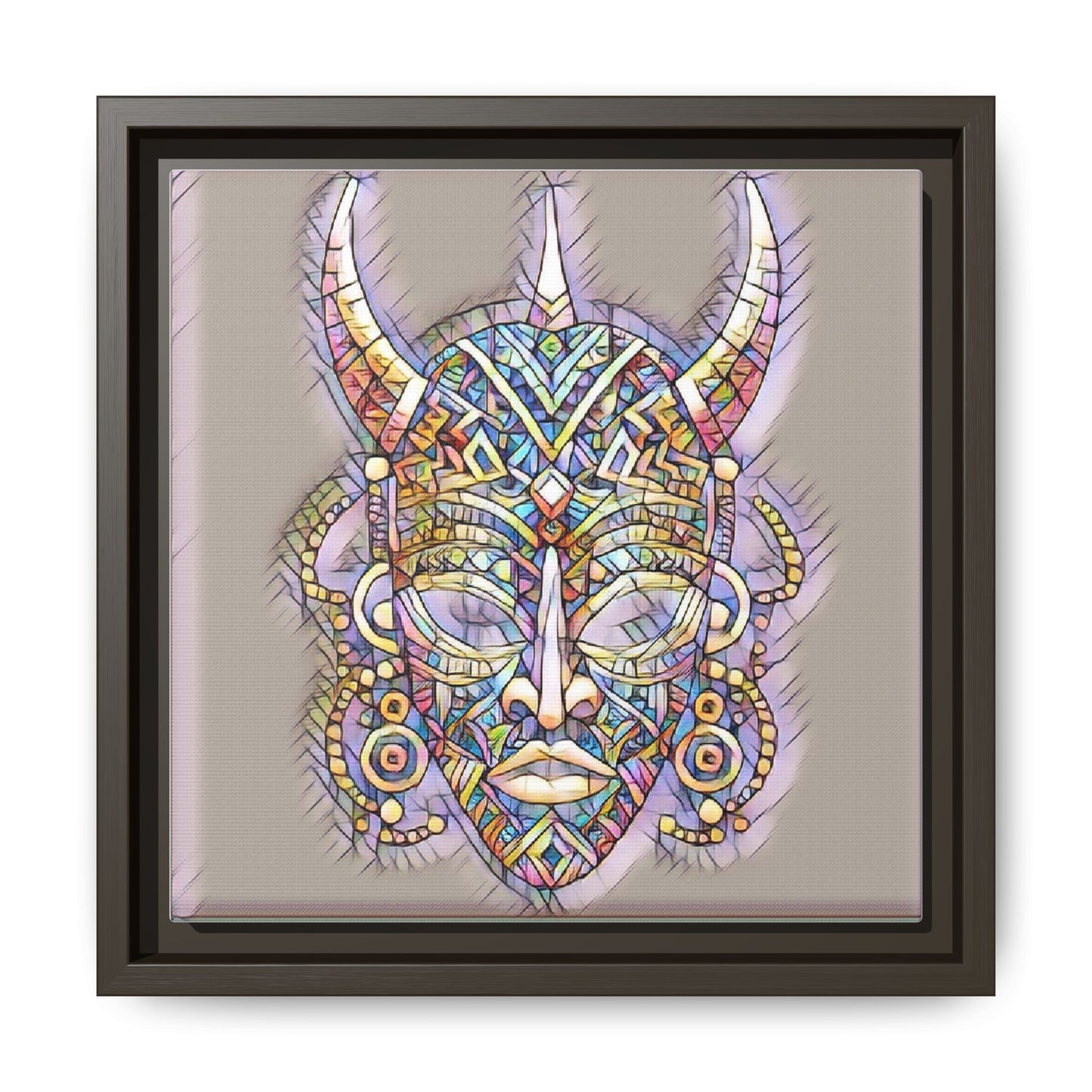 Colorful Tribal Mask Framed Canvas Art — Abstract Ethnic Wall Decor