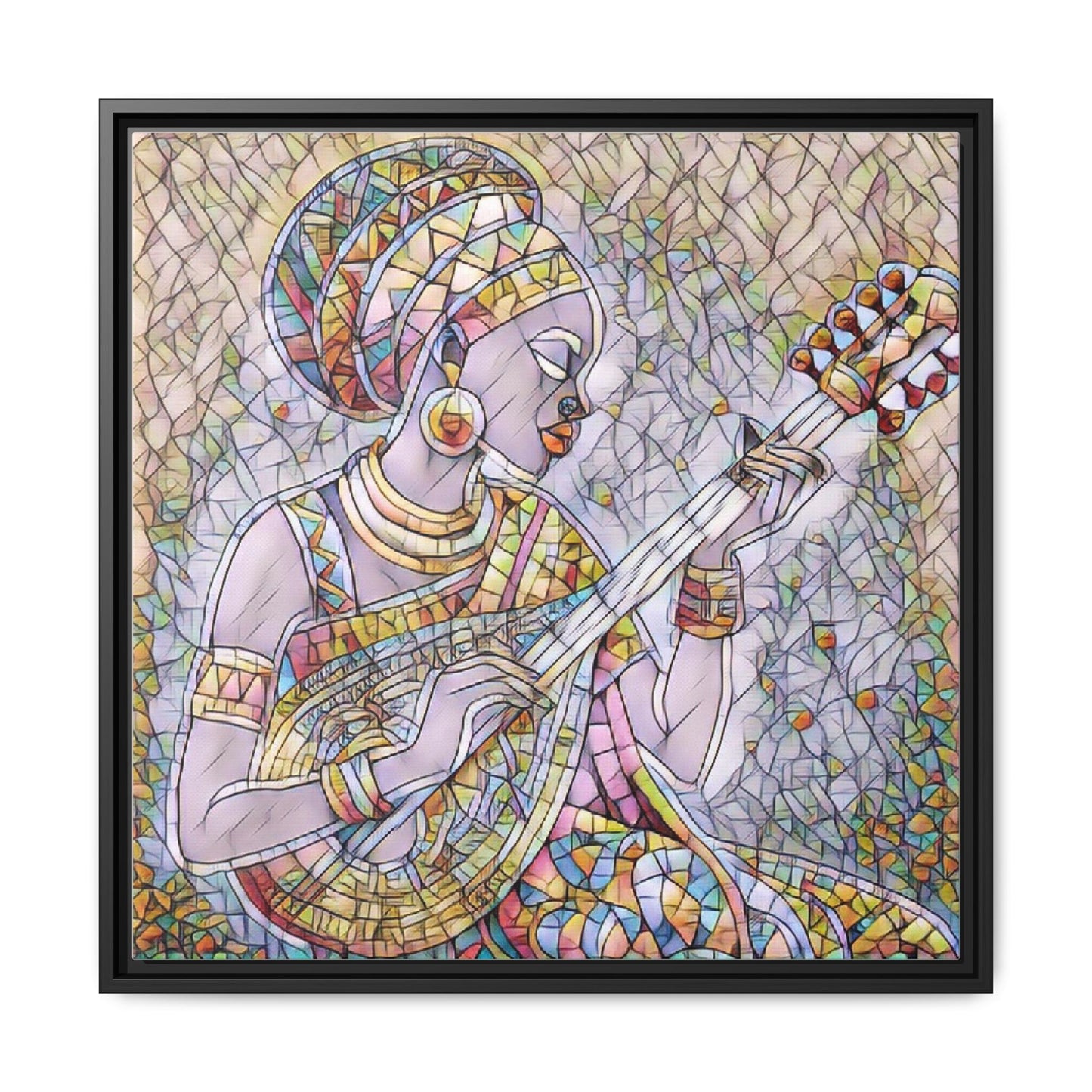 Framed Canvas Art — Colorful African Woman Playing Lute (Matte Multi‑Color)