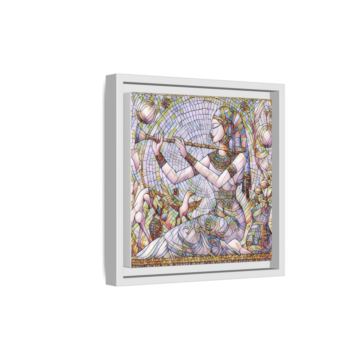 Egyptian Flute Player Framed Canvas Art — Colorful Mosaic Wall Decor