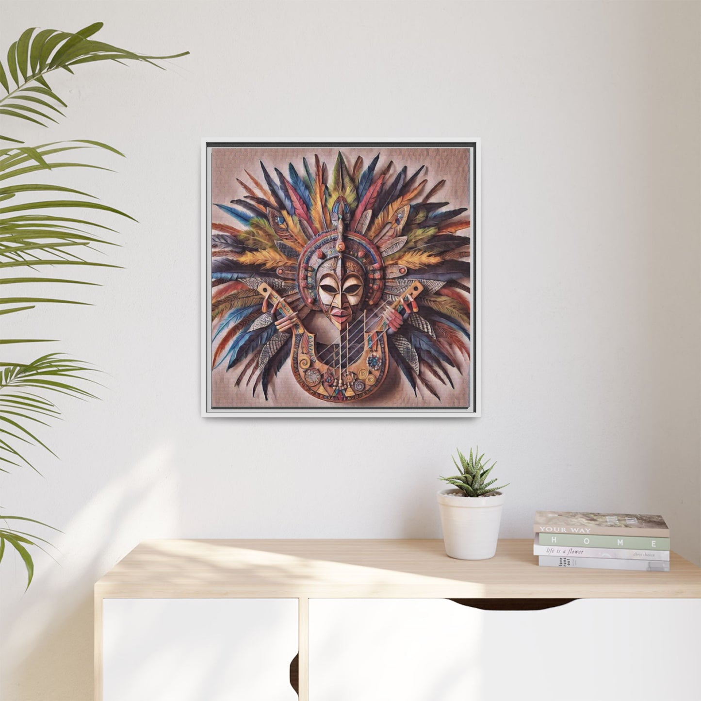 Tribal Feather Mask Guitar Framed Canvas Art — Colorful Boho Wall Decor
