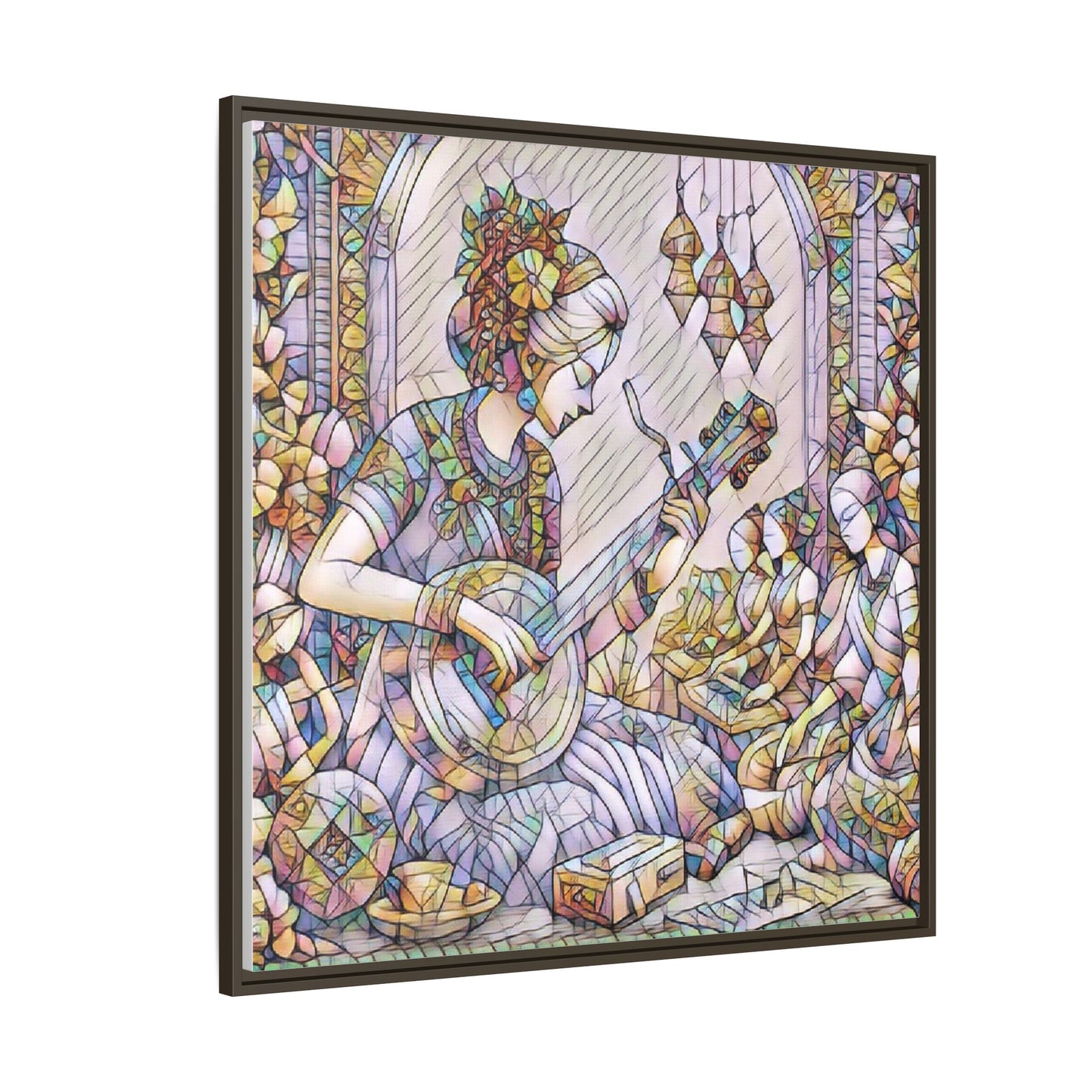 Framed Matte Canvas: Bohemian Woman Playing Lute — Stained-Glass Style Wall Art