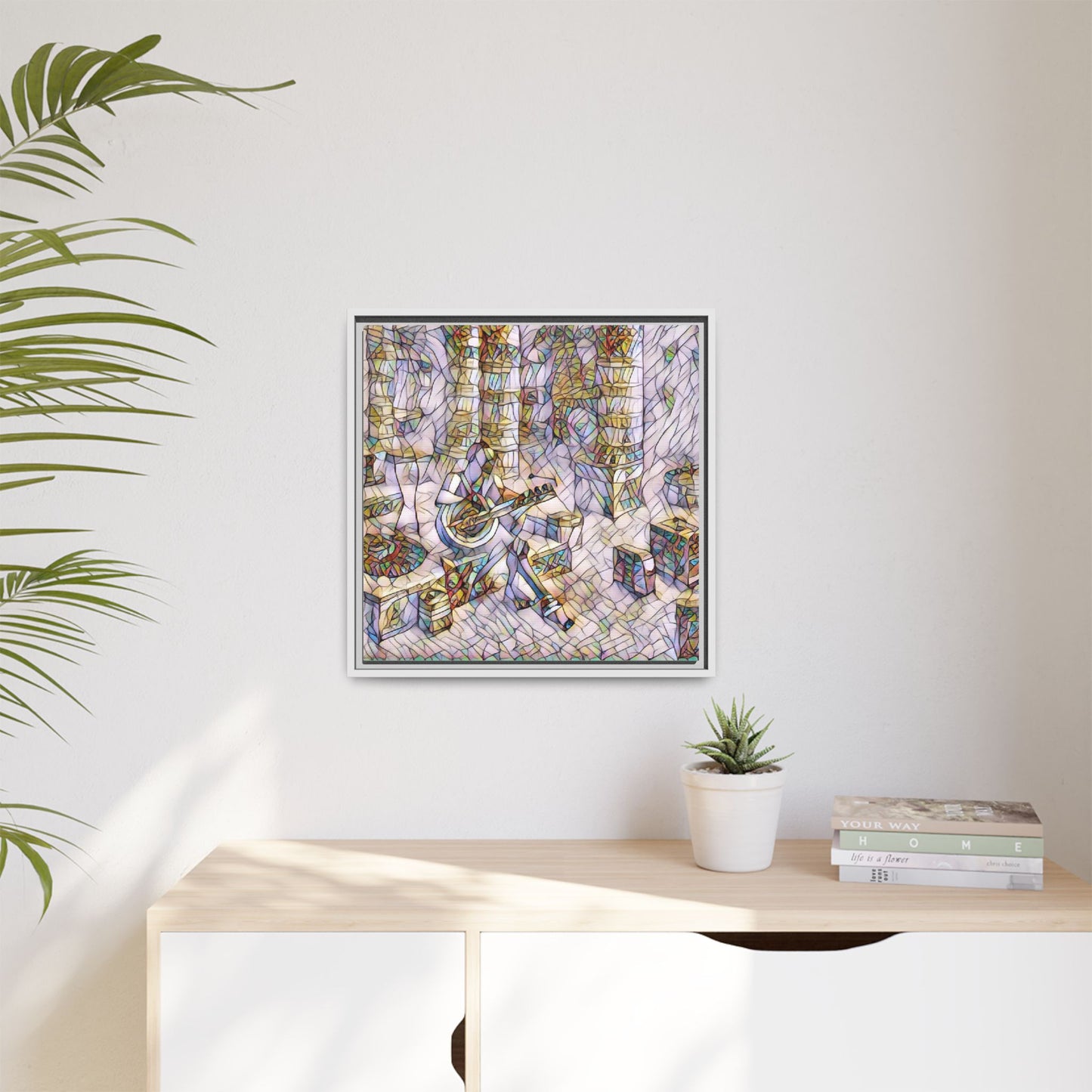 Framed Matte Canvas Art - Abstract Guitarist in Colorful Mosaic