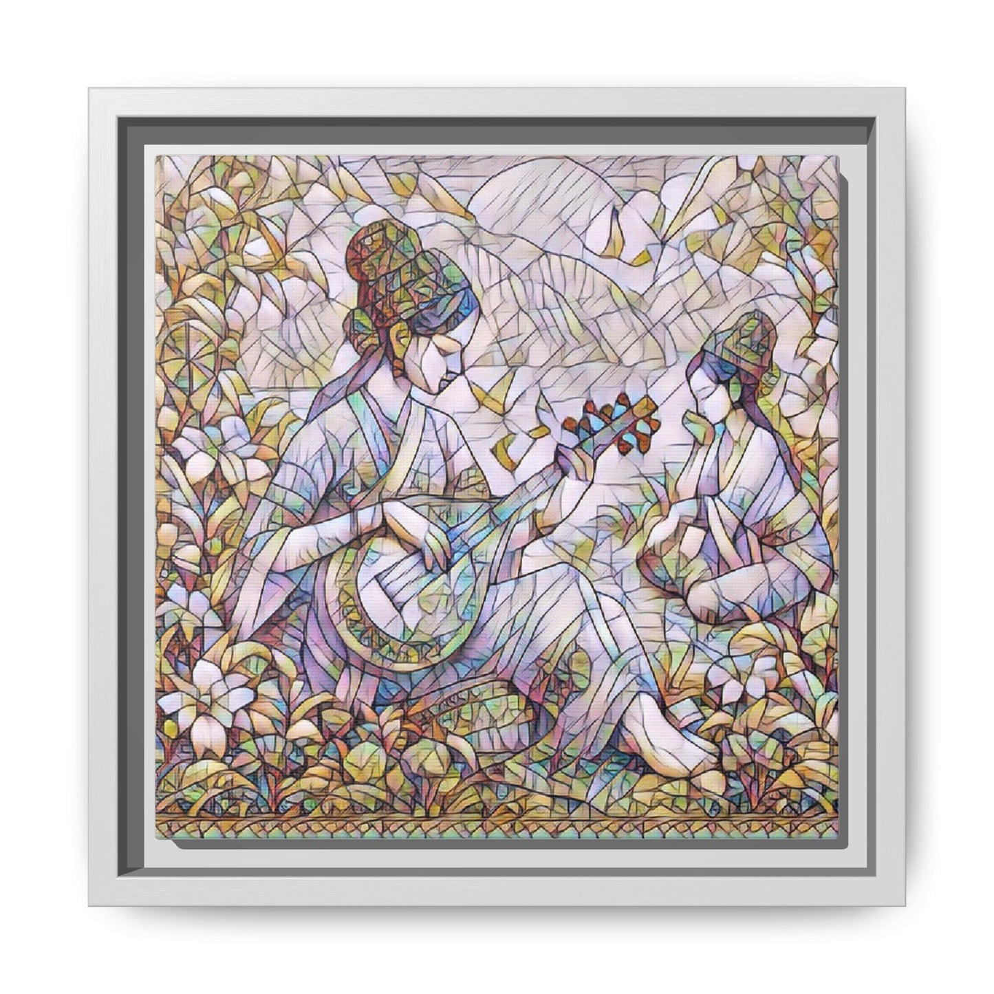 Framed Matte Canvas Art - Vintage Asian Musicians Floral Illustration