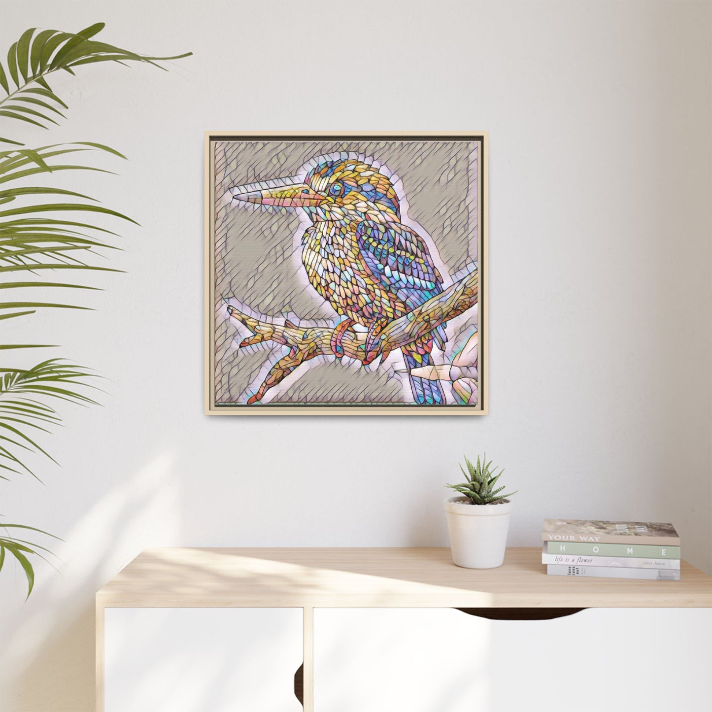 Colorful Kingfisher Framed Canvas Wall Art — Stained-Glass Style Bird Print