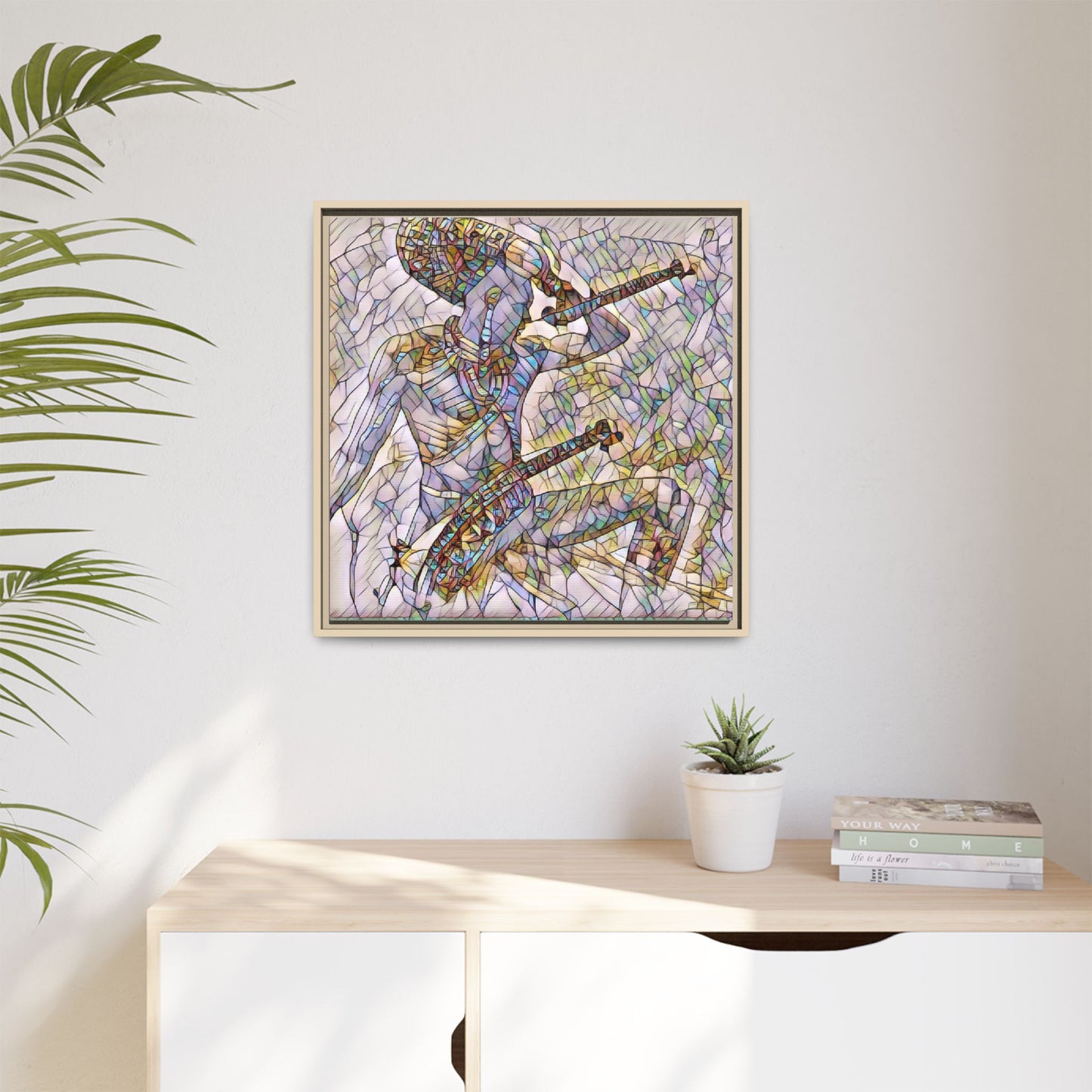 Stained Glass Blue Musician — Framed Matte Canvas Art