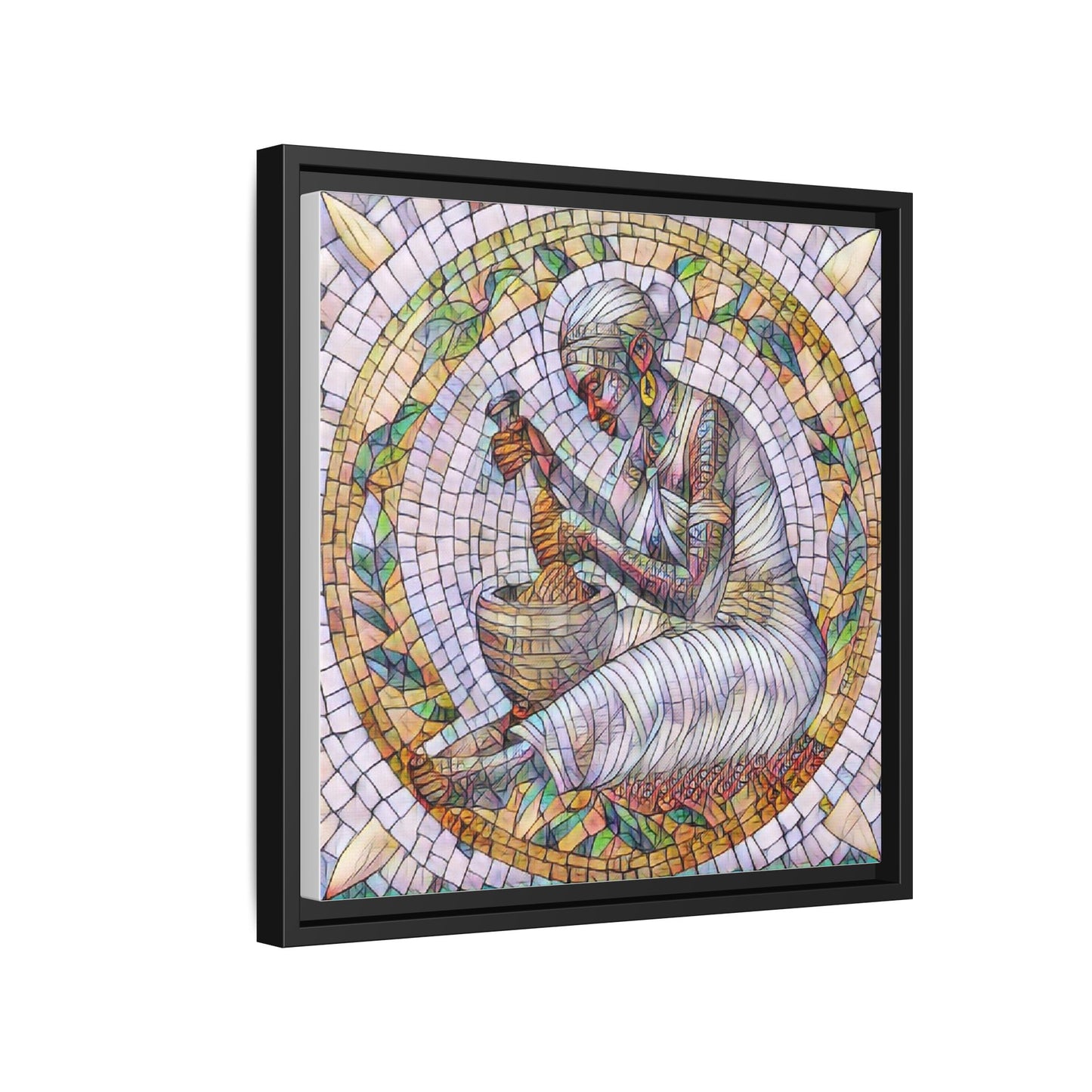 Framed Mosaic Art Print — Woman Grinding Grain (Matte Canvas)