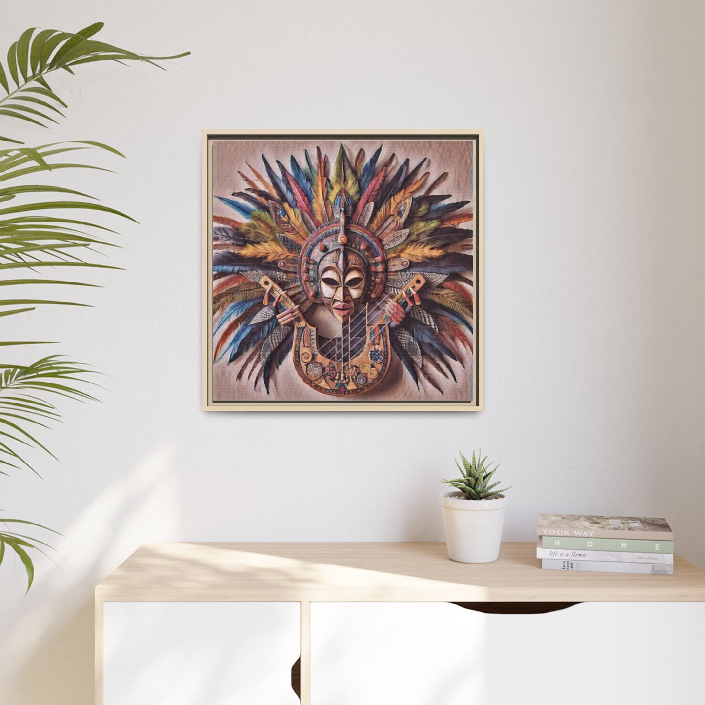 Tribal Feather Mask Guitar Framed Canvas Art — Colorful Boho Wall Decor