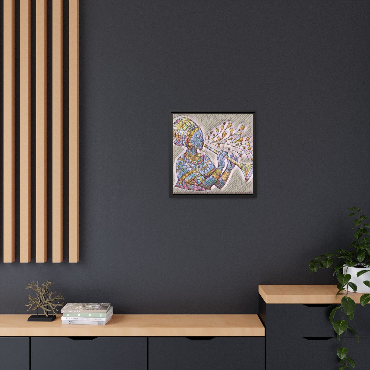 Framed Matte Canvas Art – Colorful African Musician Trumpet Print